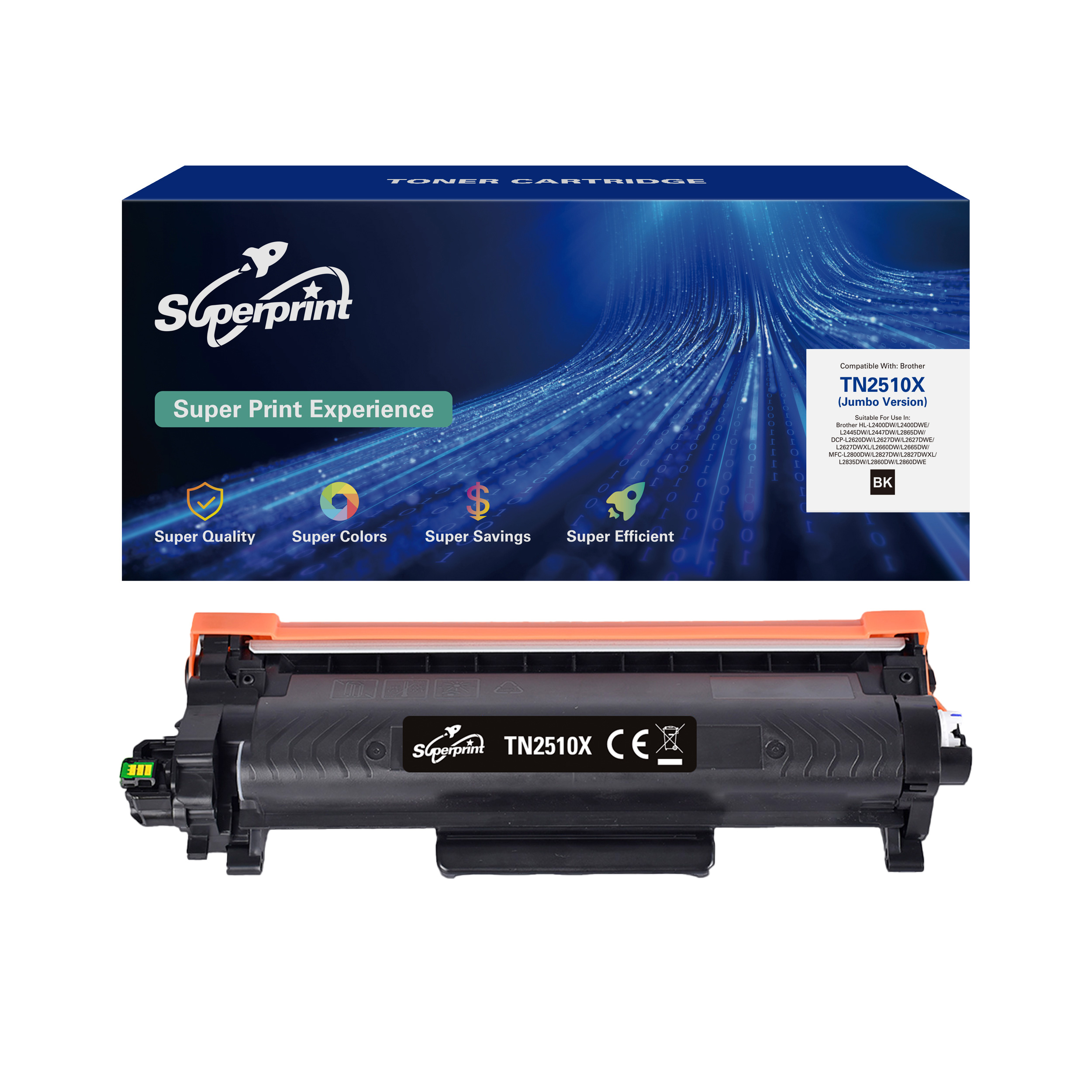 Une boîte et une cartouche de toner sont affichées. La boîte est bleue avec du texte blanc, la cartouche est noire et orange.
