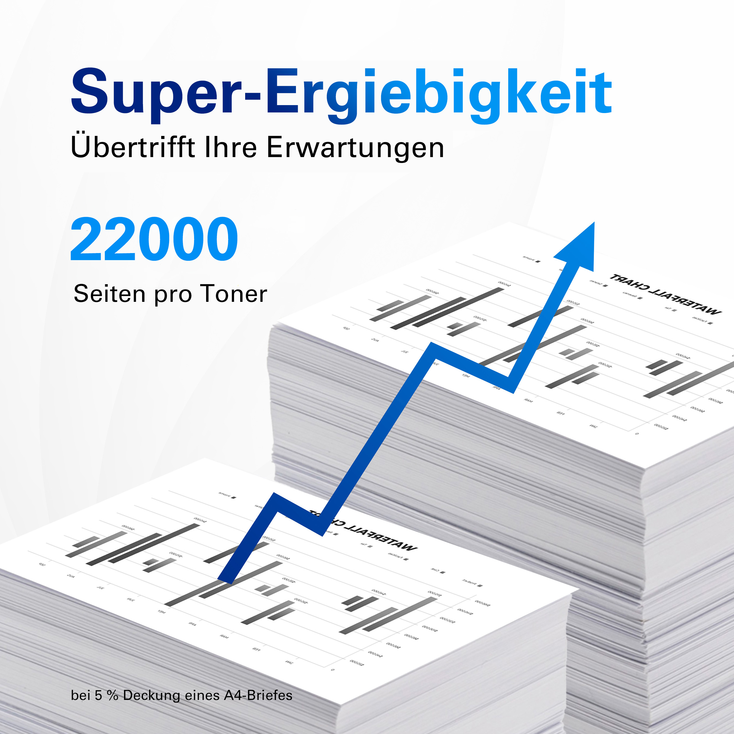 Image avec texte sur le rendement du toner : 22000 pages, un graphique en flèche bleue et des piles de papier.