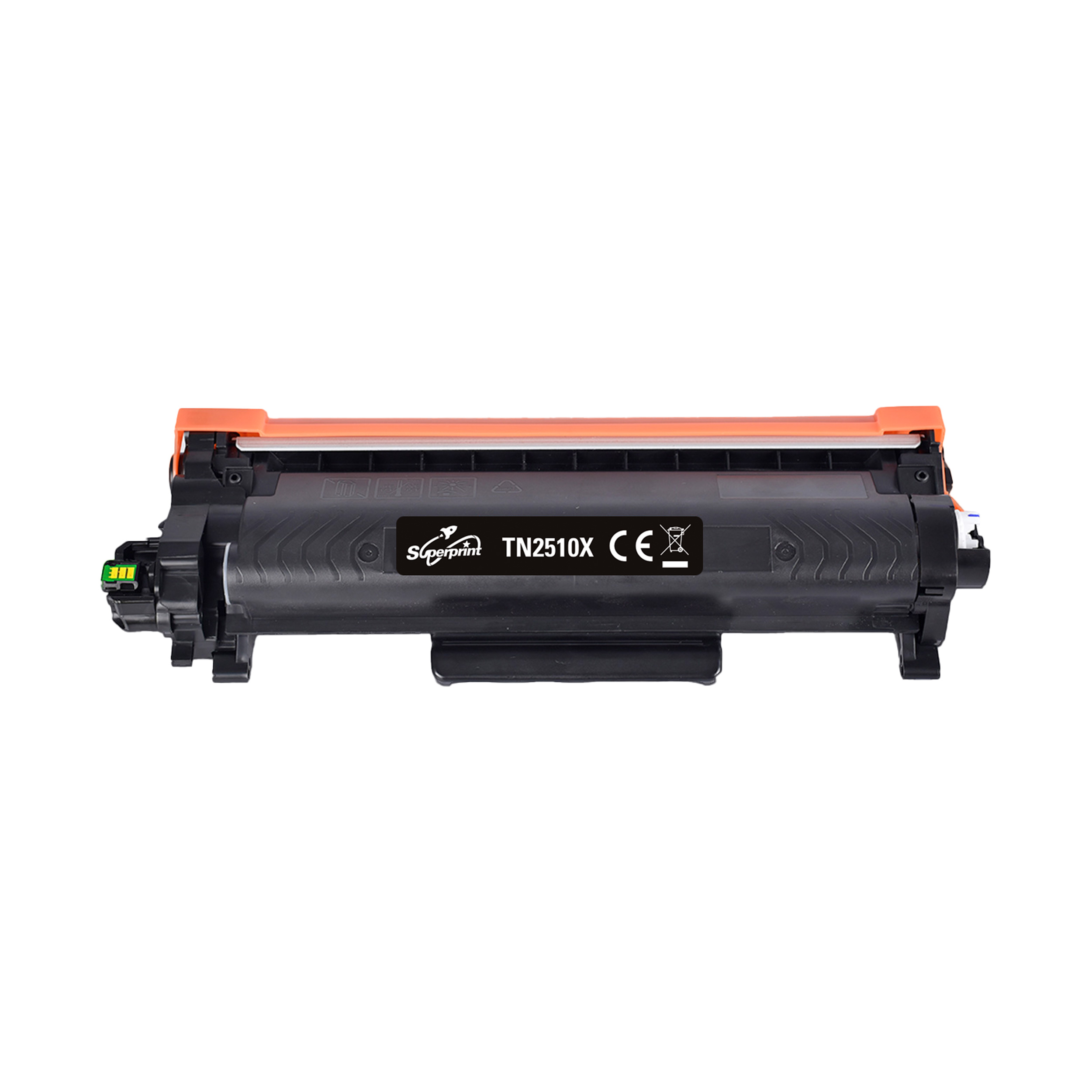 Une cartouche de toner Superprint TN2510X noire et orange, étiquetée, sur fond blanc.