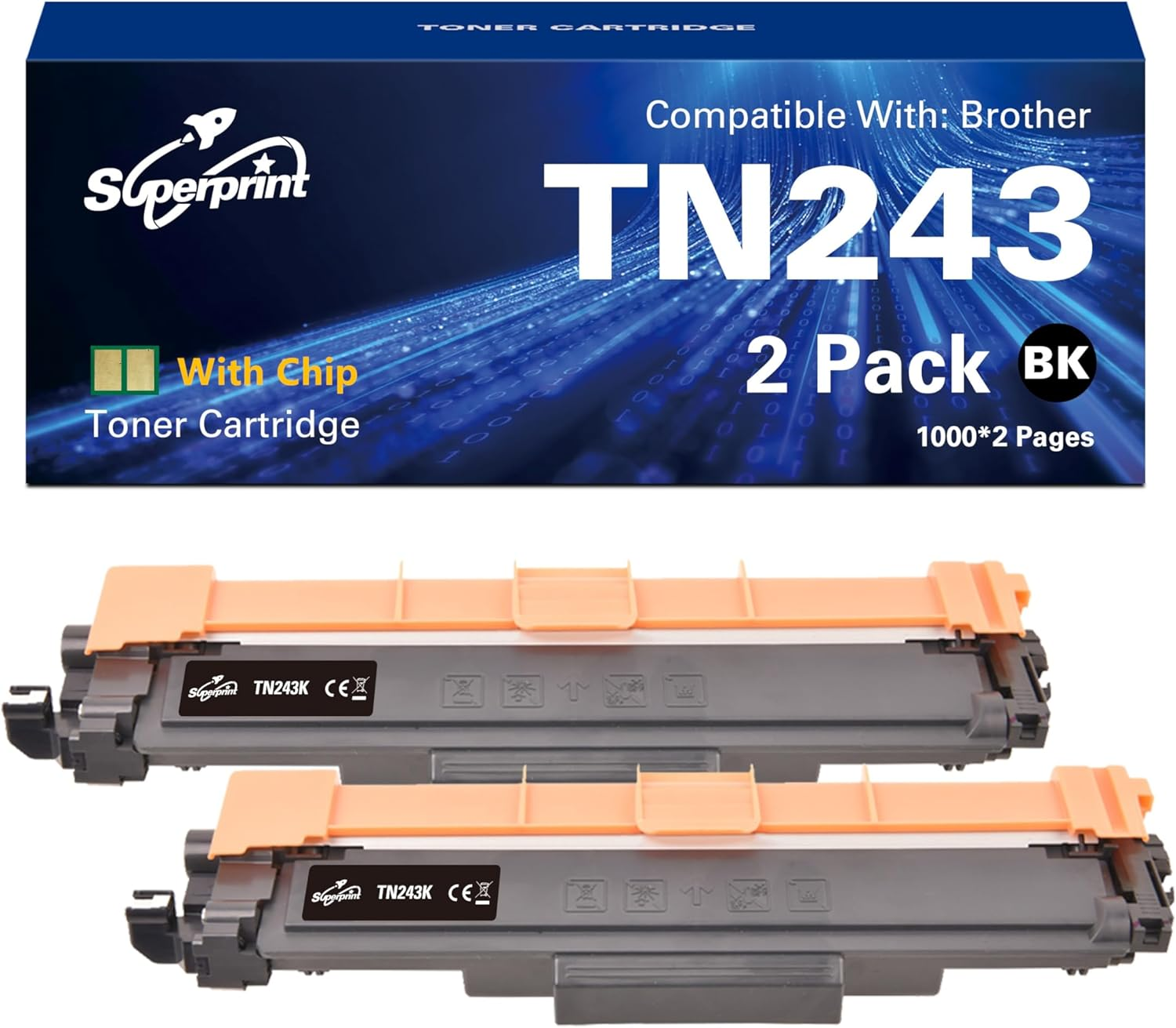 L'image montre des cartouches de toner. La boîte indique 'Superprint' et 'TN243 2 Pack'. En dessous, deux cartouches grises avec des poignées orange.