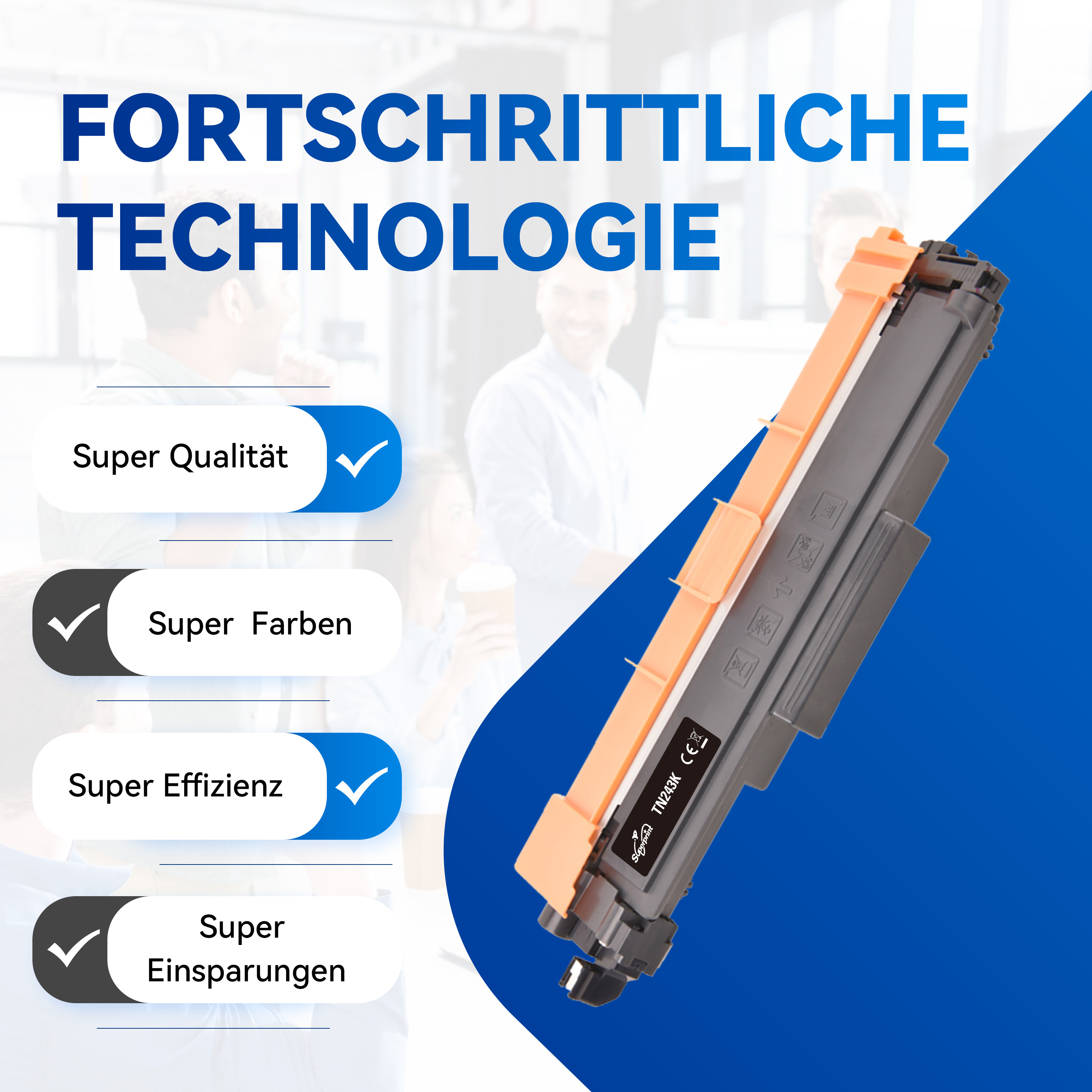 L'image montre une cartouche de toner d'imprimante avec le texte, 'Fortschrittliche Technologie', et des coches pour la qualité, les couleurs, l'efficacité et les économies.
