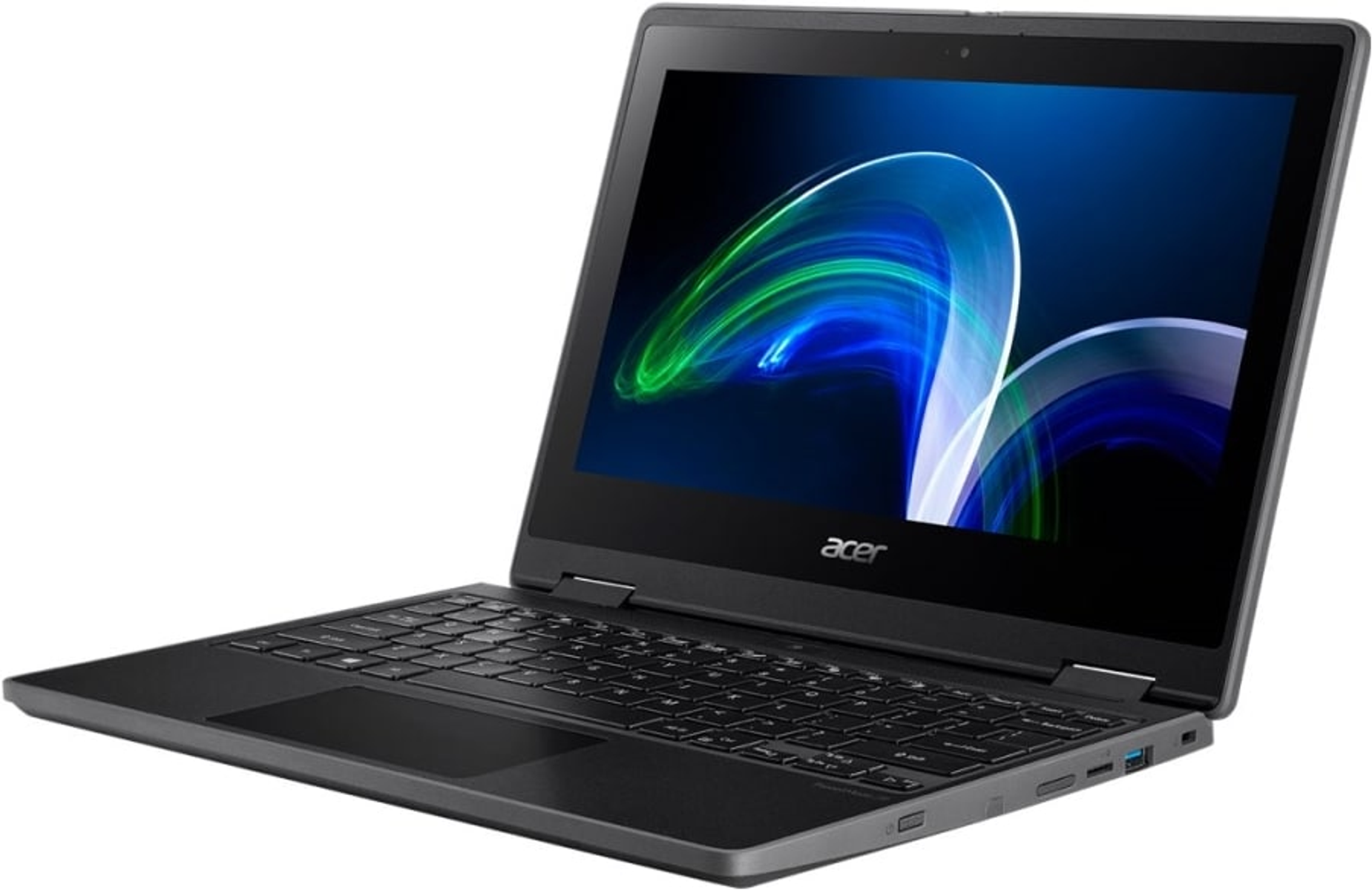 L'ordinateur portable Acer noir est ouvert. L'écran affiche un motif abstrait bleu et vert. Clavier et pavé tactile visibles.
