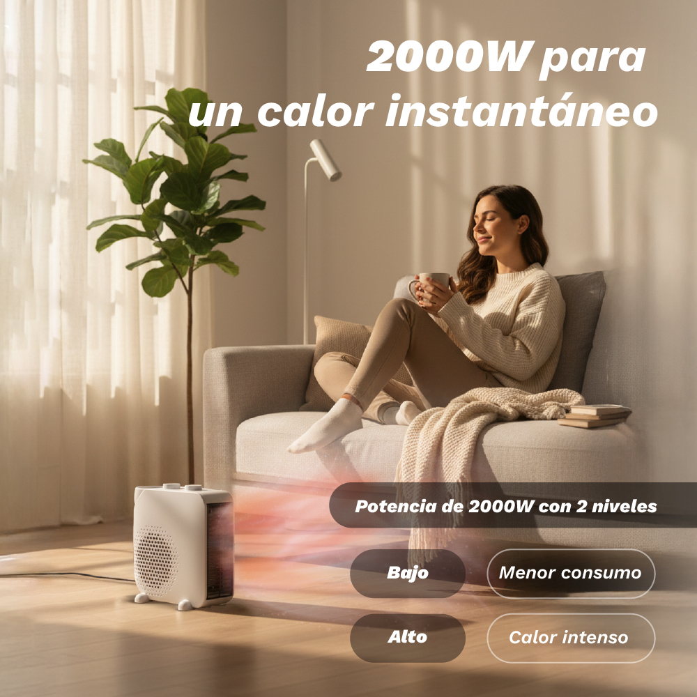 Mujer en sofá con café, un calefactor al frente y texto sobre potencia de calefacción.