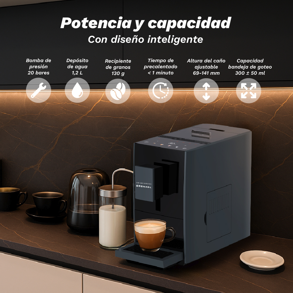 Una cafetera con una taza de café. También hay tazas, leche y un plato blanco en la encimera.