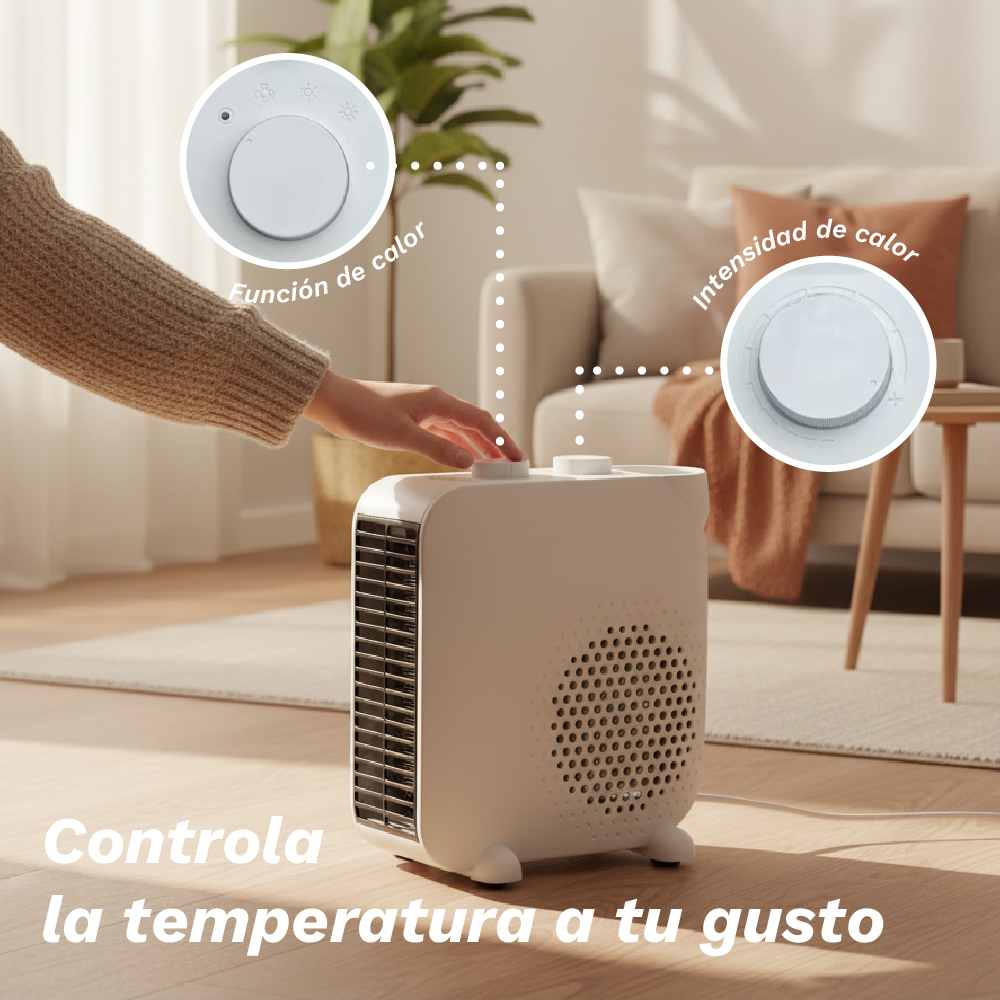 Una mano ajusta un calefactor blanco. Texto: Controla la temperatura a tu gusto. Dos diales muestran ajustes de calor. Un sofá está detrás.