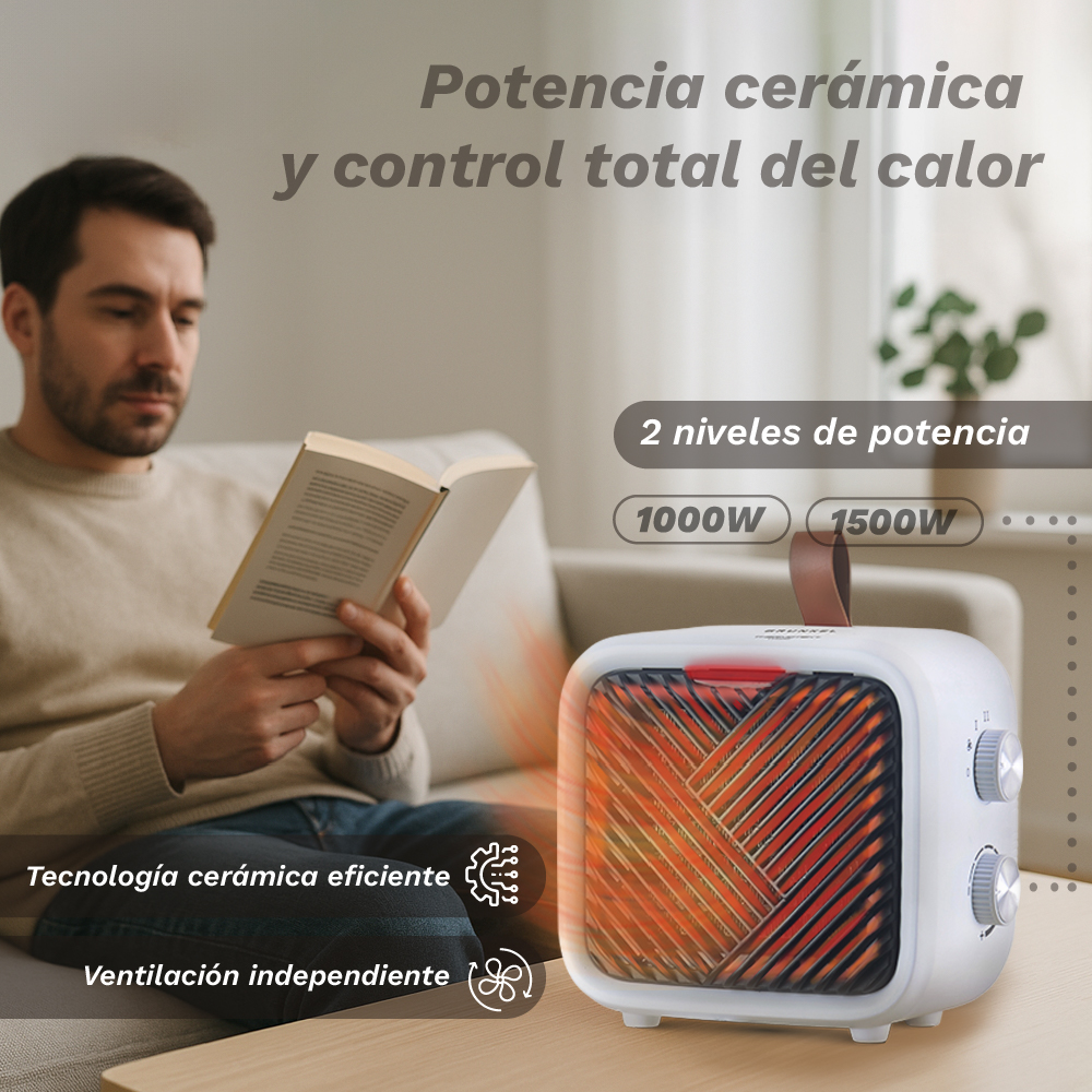 Un hombre lee un libro cerca de un calentador blanco con asa marrón. Texto: Potencia cerámica y control total del calor.