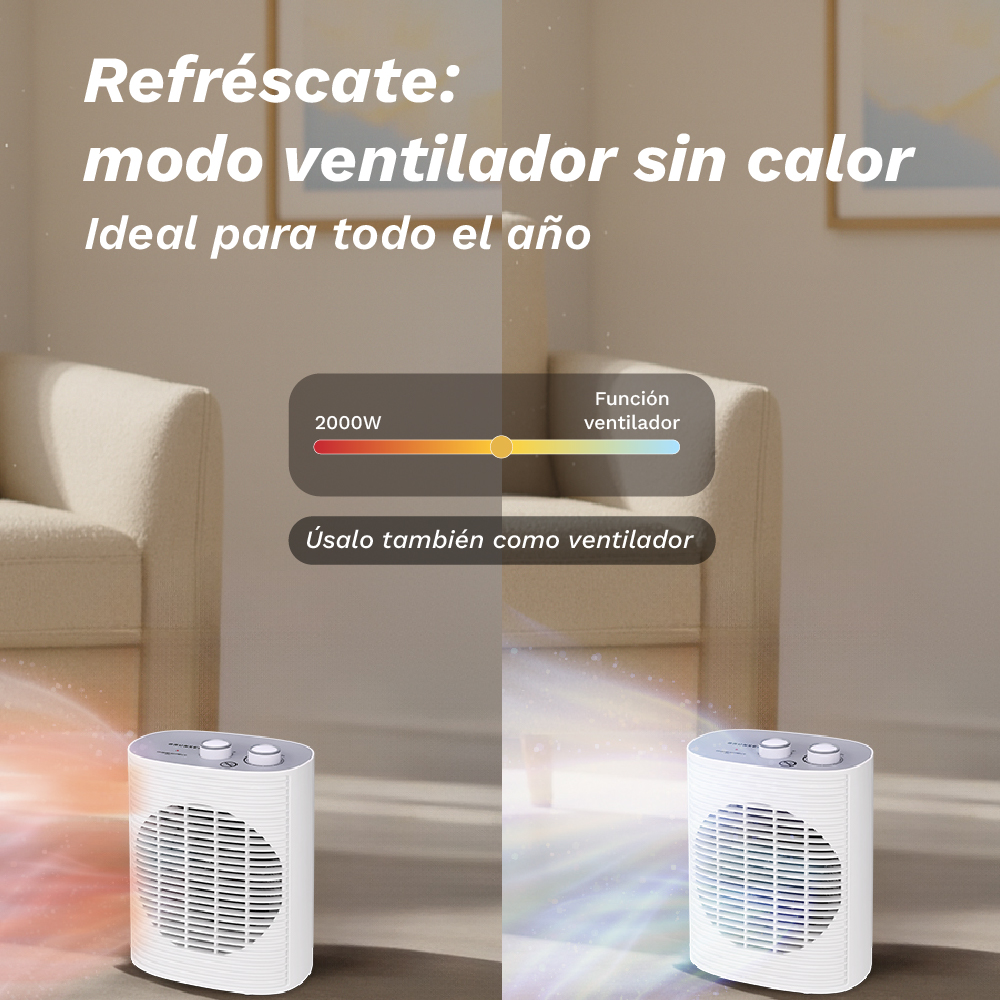 La imagen muestra dos ventiladores blancos con texto en español que promociona su uso como dispositivos de refrigeración. Hay un indicador de nivel de potencia.