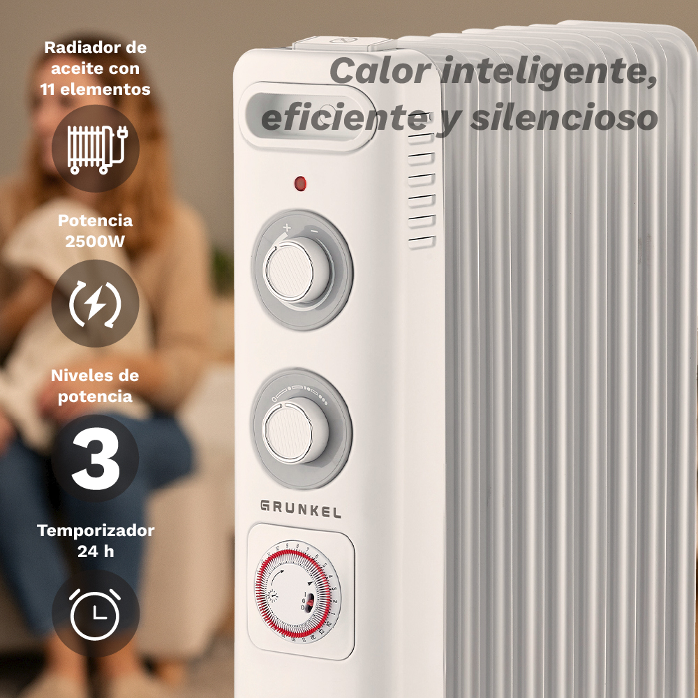 Radiador de aceite blanco con diales de control y temporizador. El texto indica 11 elementos, 2500W de potencia, 3 niveles y temporizador 24h.