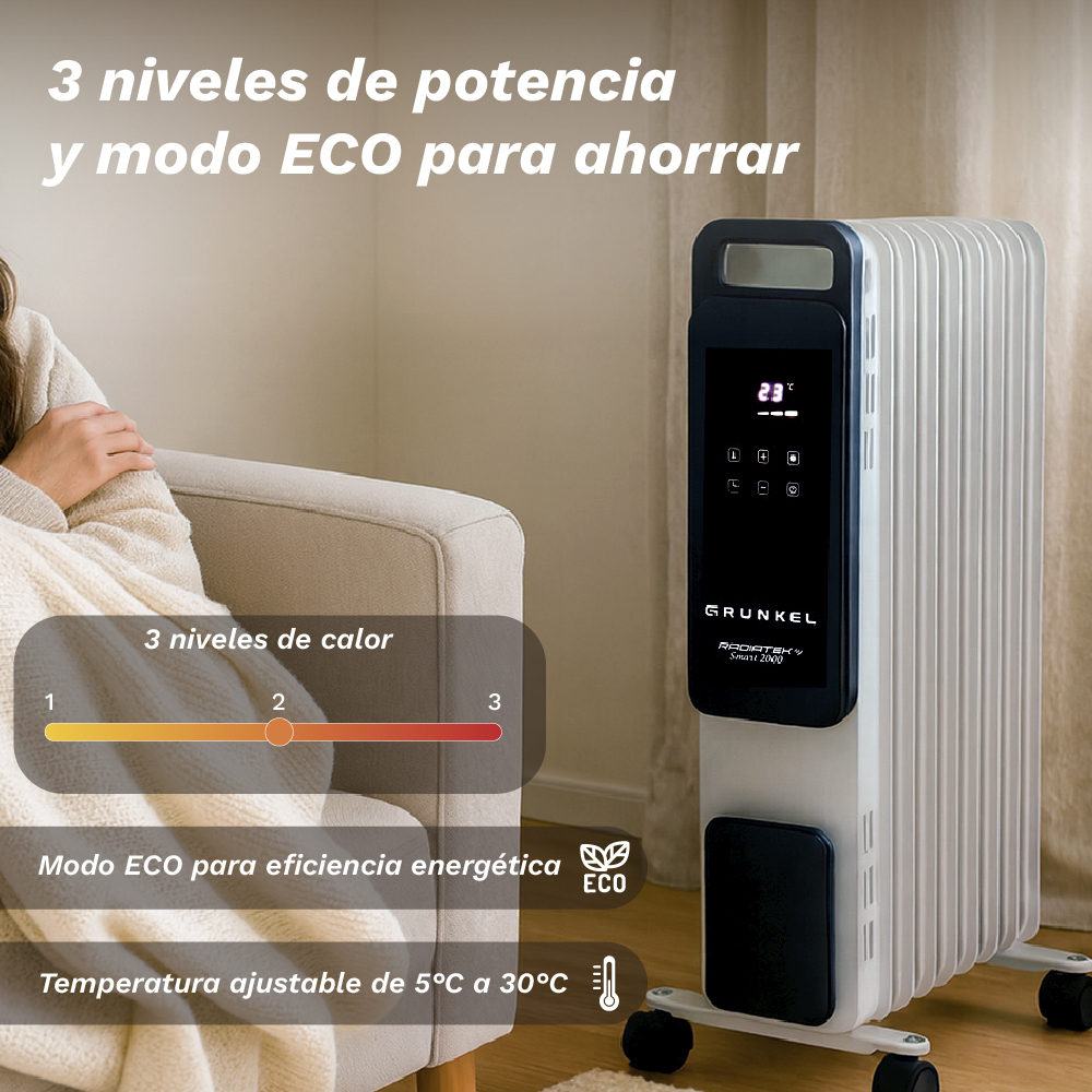 Un radiador de aceite con pantalla digital muestra 23°C. Una mujer es parcialmente visible en un sofá. El texto destaca funciones de ahorro energético.