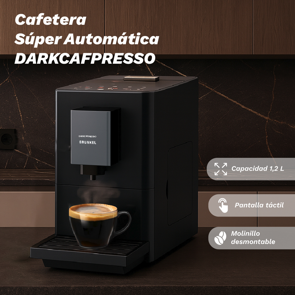 Máquina de espresso negra con una taza de café. Texto en la máquina: Darkcafpresso. Características: capacidad de 1,2 L, pantalla táctil y molinillo extraíble.