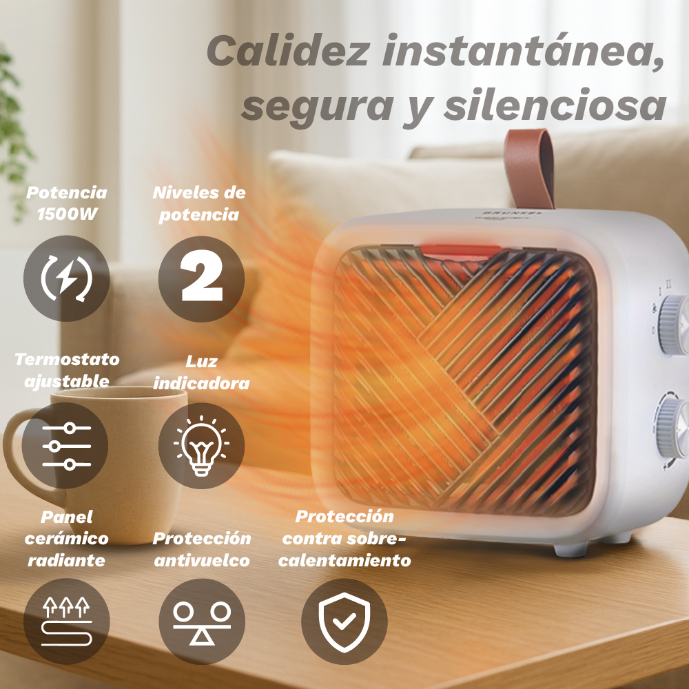 Calentador eléctrico blanco con brillo naranja, asa marrón y perillas de control. El texto indica potencia, niveles, termostato y características de seguridad.