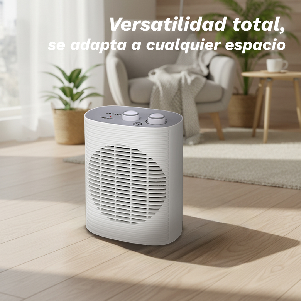 Calentador blanco en suelo de madera. En el fondo, una silla, una mesa pequeña y plantas. El texto dice 'Versatilidad total'.