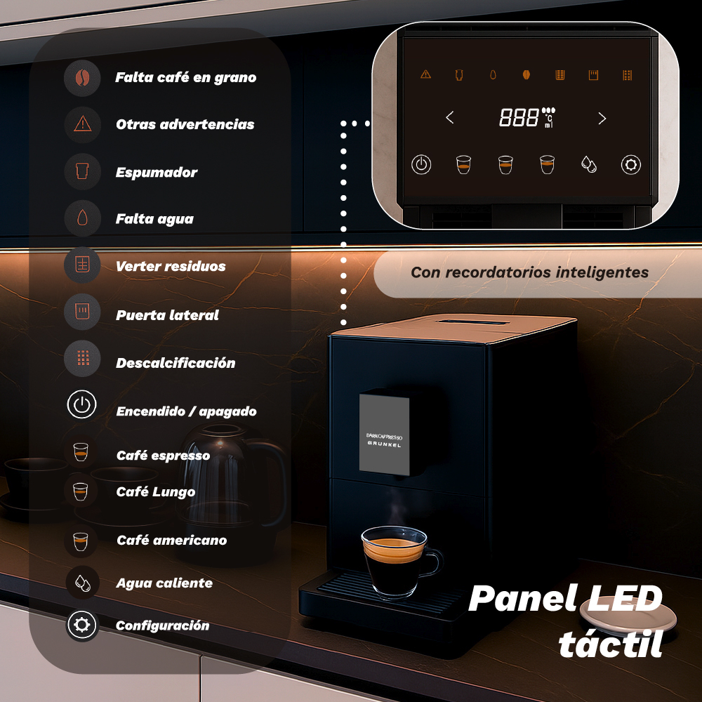 Máquina de espresso negra con panel LED táctil. Muestra opciones de café. Una taza de café en la bandeja.