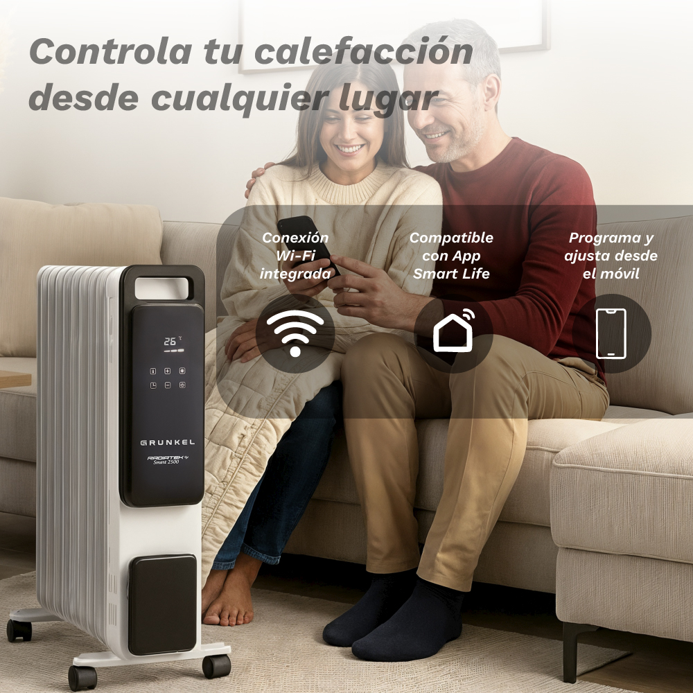 Una pareja usa un teléfono cerca de un radiador blanco. El texto muestra 'Controla tu calefacción desde cualquier lugar' y características.