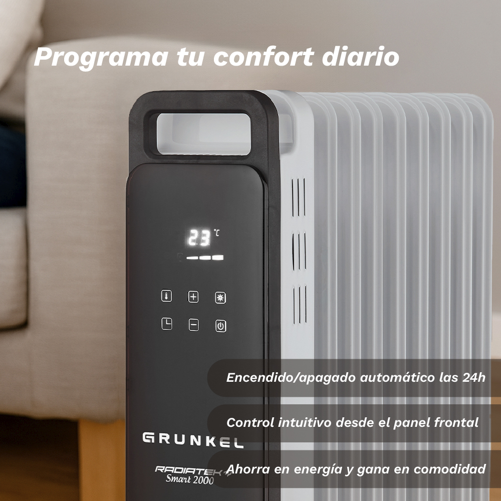 Primer plano de un radiador negro y gris con una pantalla digital que muestra 23 grados. El texto incluye 'Programa tu confort diario'.