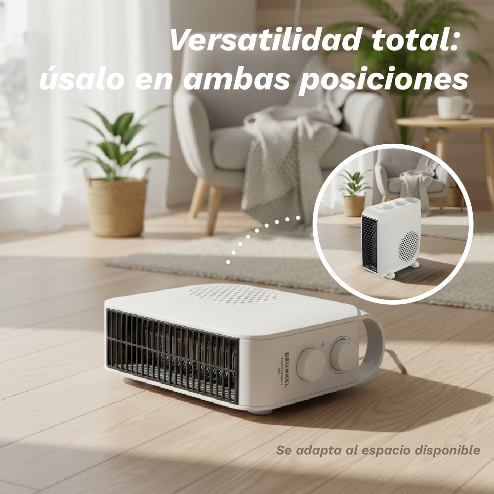 Un calefactor blanco está en un piso de madera. El calefactor está enfocado. Hay una silla, una planta y un texto que dice 'Versatilidad total'.