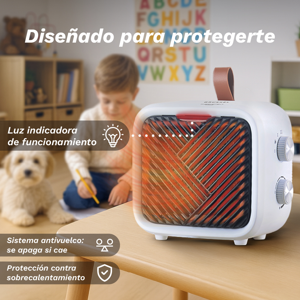 Un calefactor blanco sobre una mesa con un niño y un perro borrosos al fondo. Texto en el calefactor y al fondo.