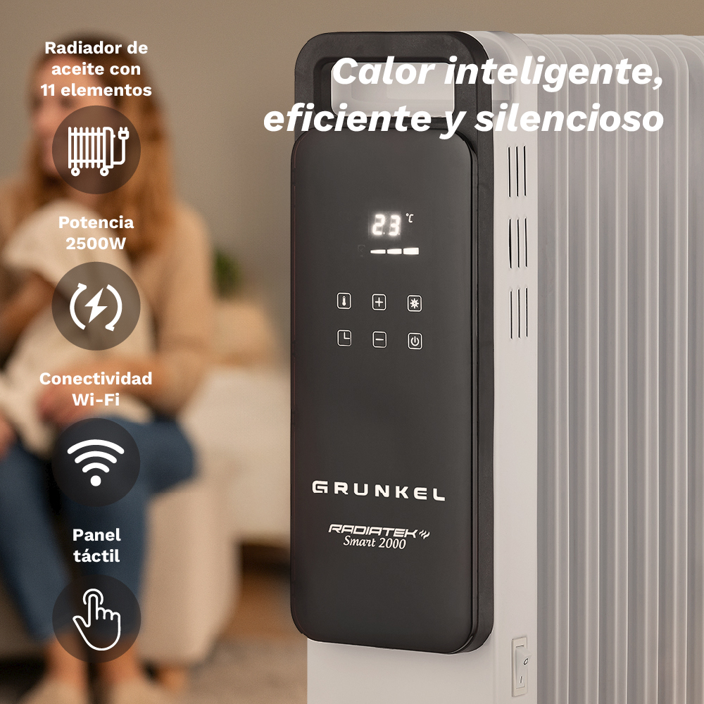 Un calefactor de aceite blanco y negro con una pantalla digital que muestra 23 grados Celsius. Textos indican calefacción inteligente, eficiente y silenciosa.