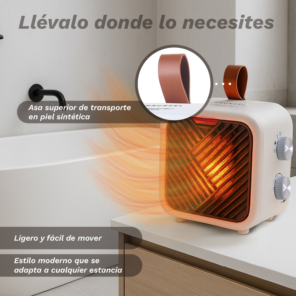 Un calentador crema con brillo naranja está sobre una encimera blanca. Tiene una asa de cuero. El texto dice: 'Llévalo donde lo necesites'.