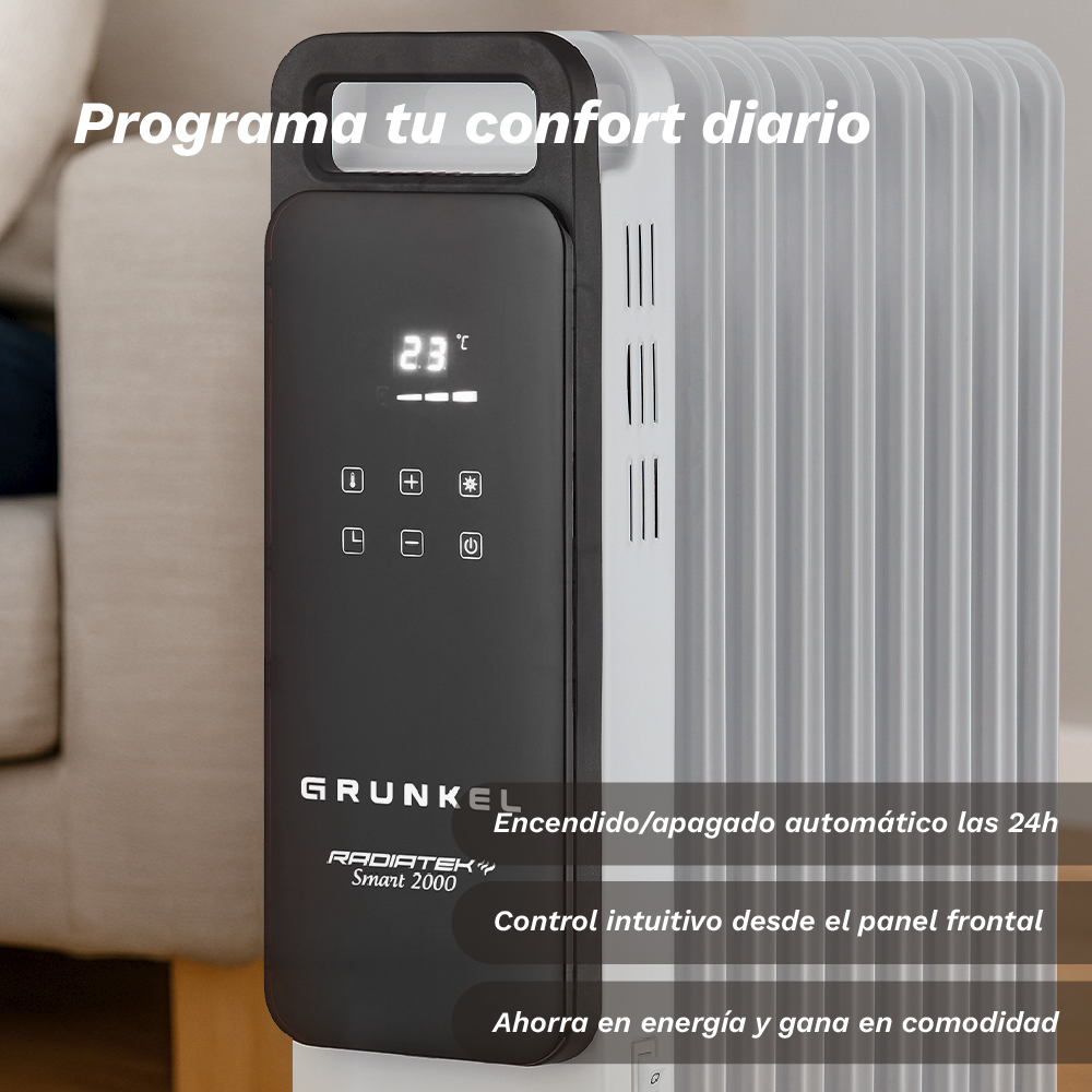 Un radiador blanco y negro muestra la temperatura, con botones y texto en español. La marca es Grunkel.