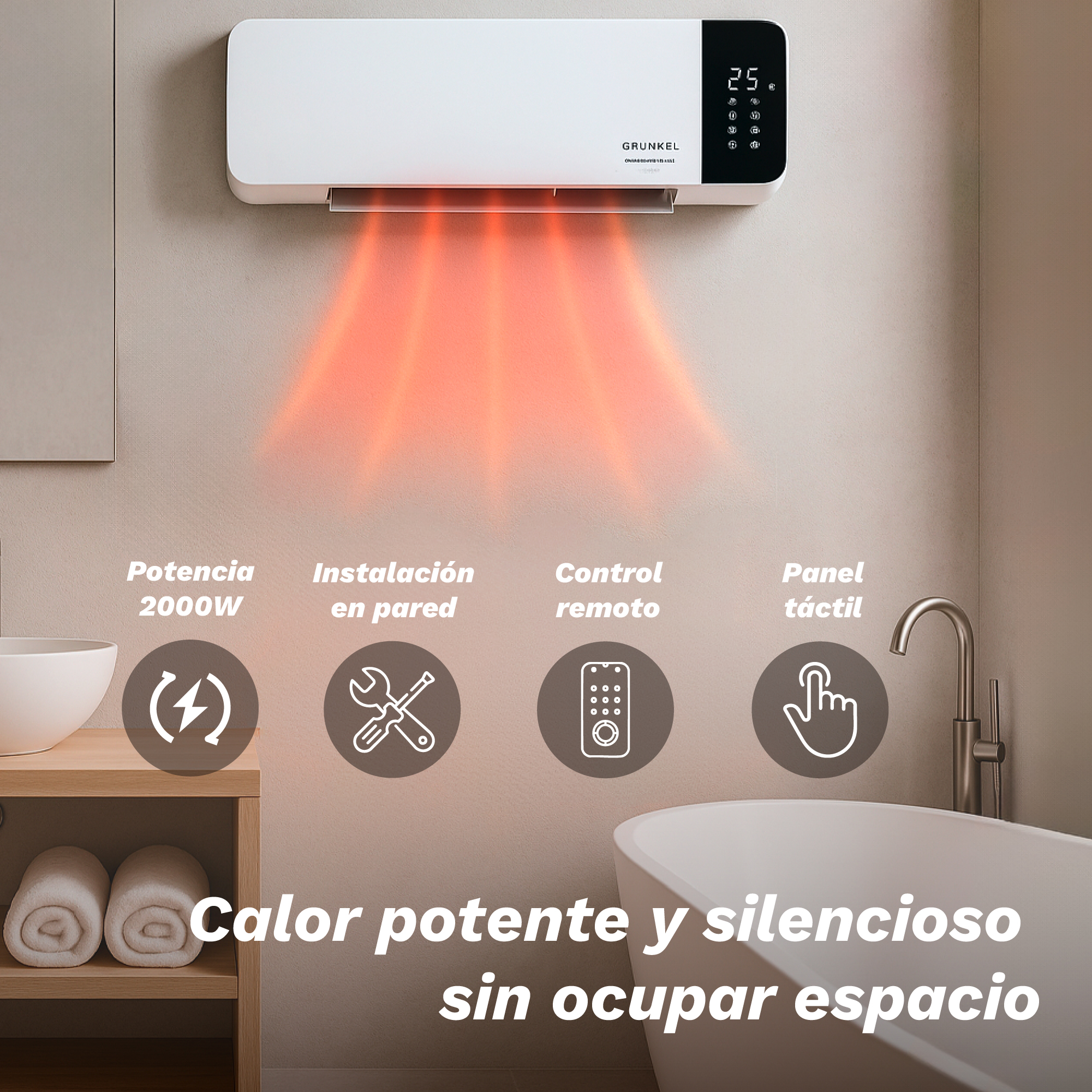 Un calentador blanco montado en la pared con flujo de calor naranja. Incluye una pantalla digital y un panel táctil. También se ve un lavabo y una bañera.