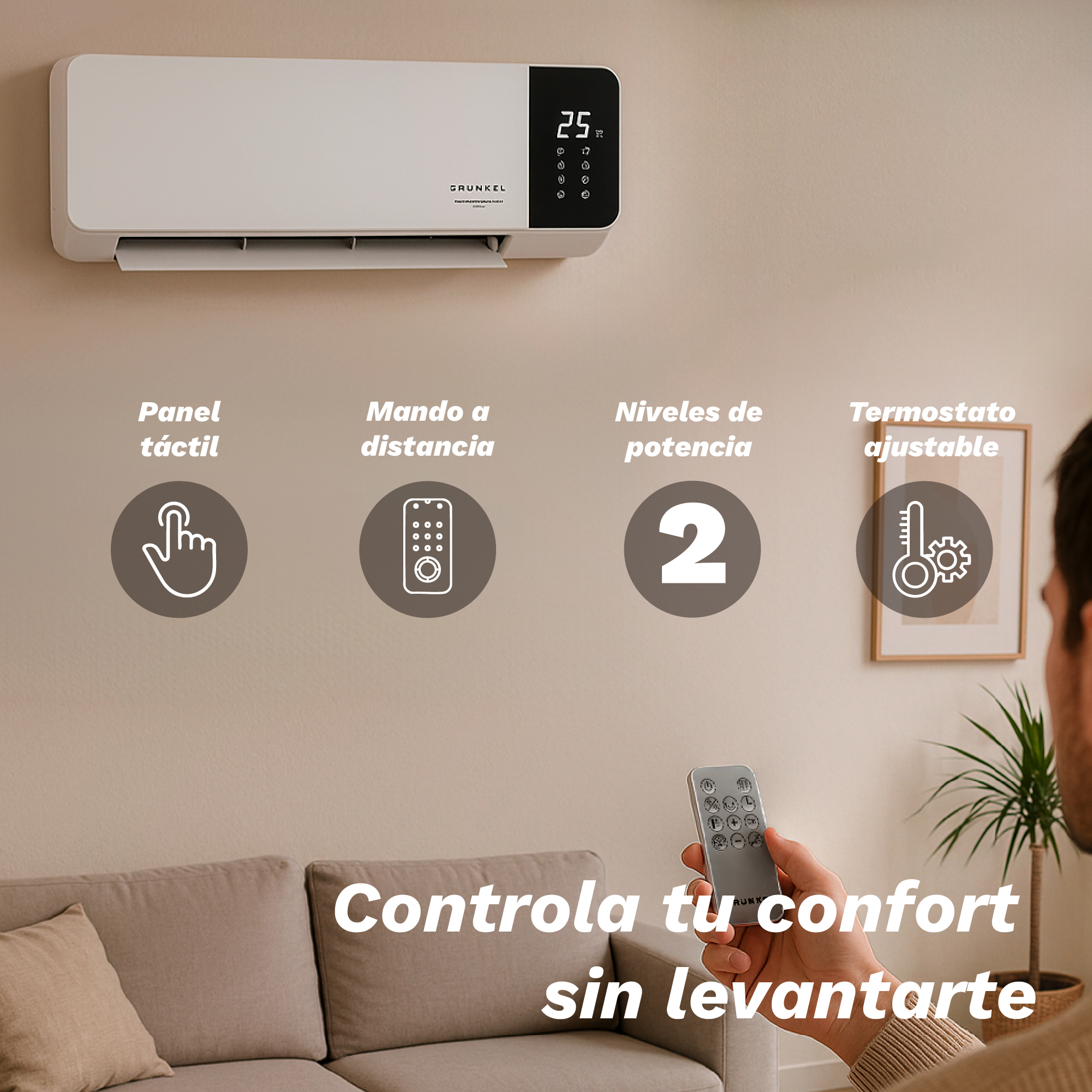 Un aire acondicionado blanco en la pared. Debajo, iconos y texto describen funciones, hombre sosteniendo un mando.