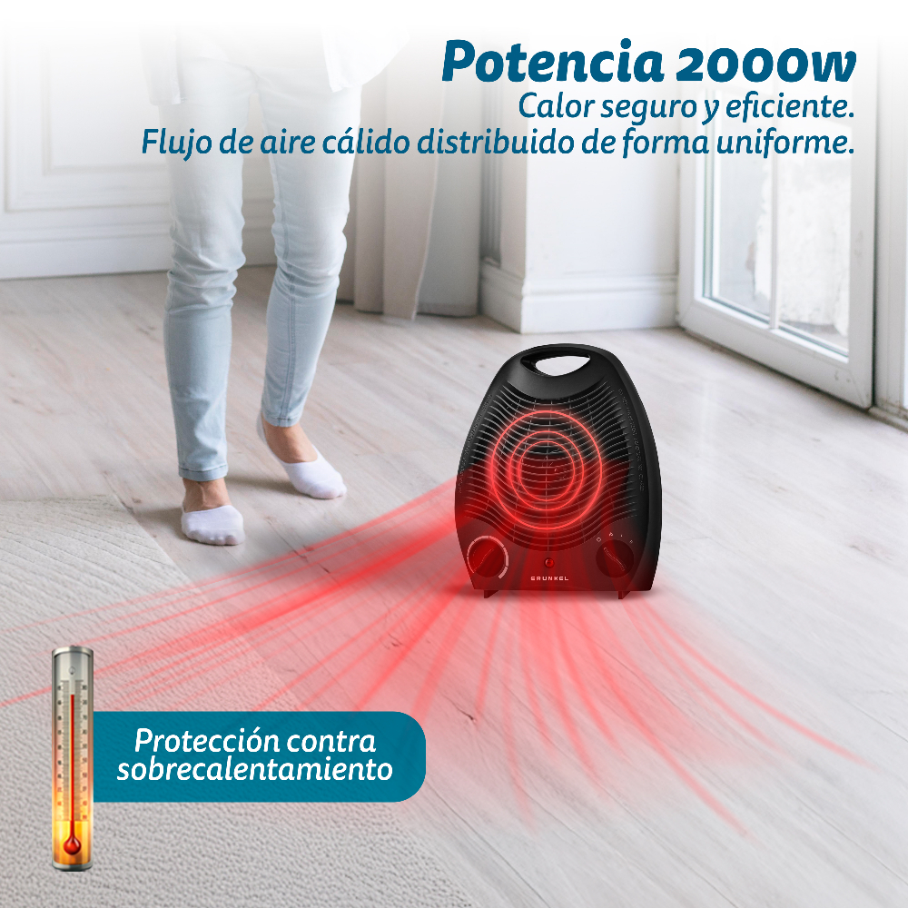Un calefactor negro con flujo de aire rojo, una persona está cerca. El texto dice '2000W', 'Calor seguro' y 'Protección contra sobrecalentamiento'.