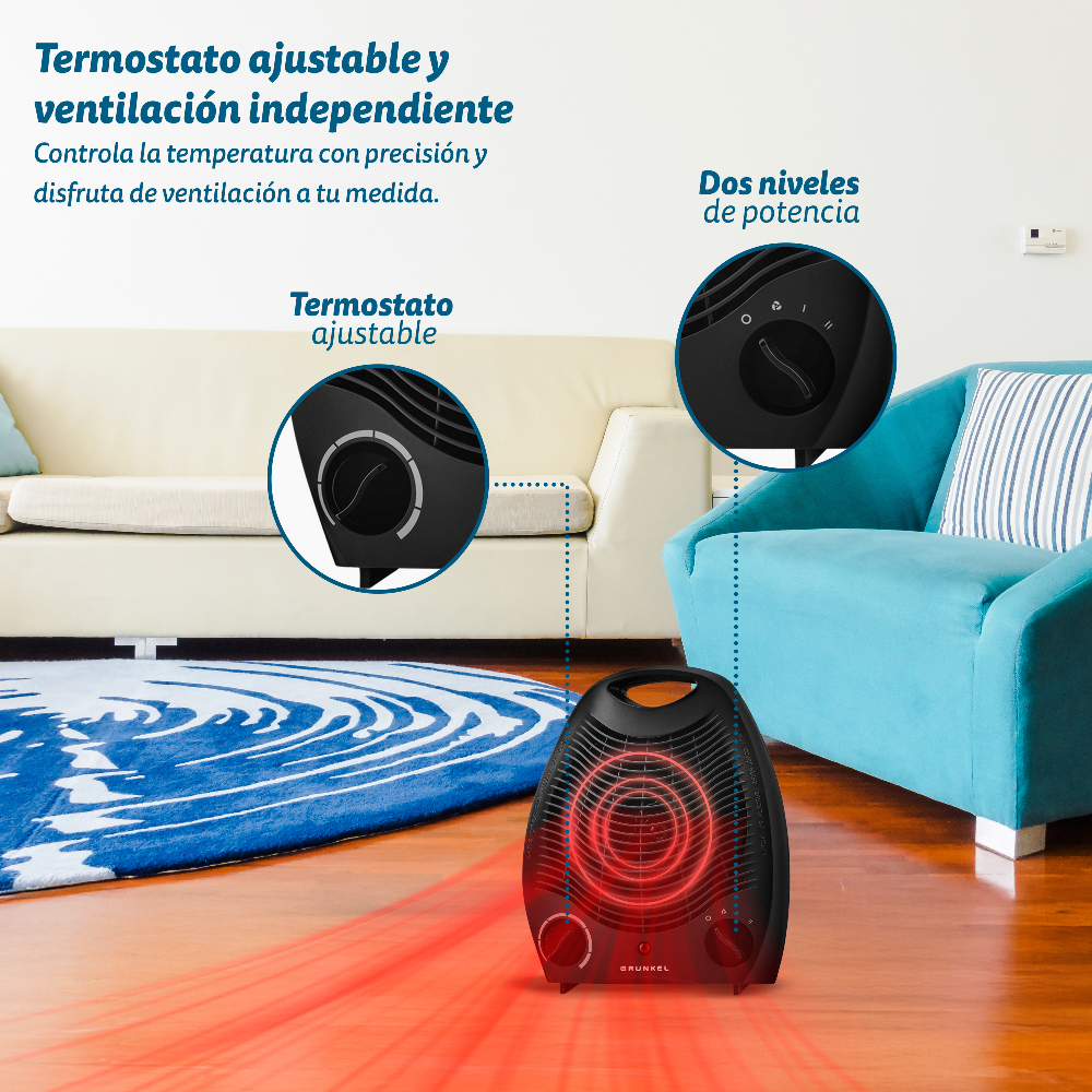 Un calefactor negro con calor radiante rojo. En una sala de estar, cerca de una alfombra azul, un sofá blanco y un sillón azul.