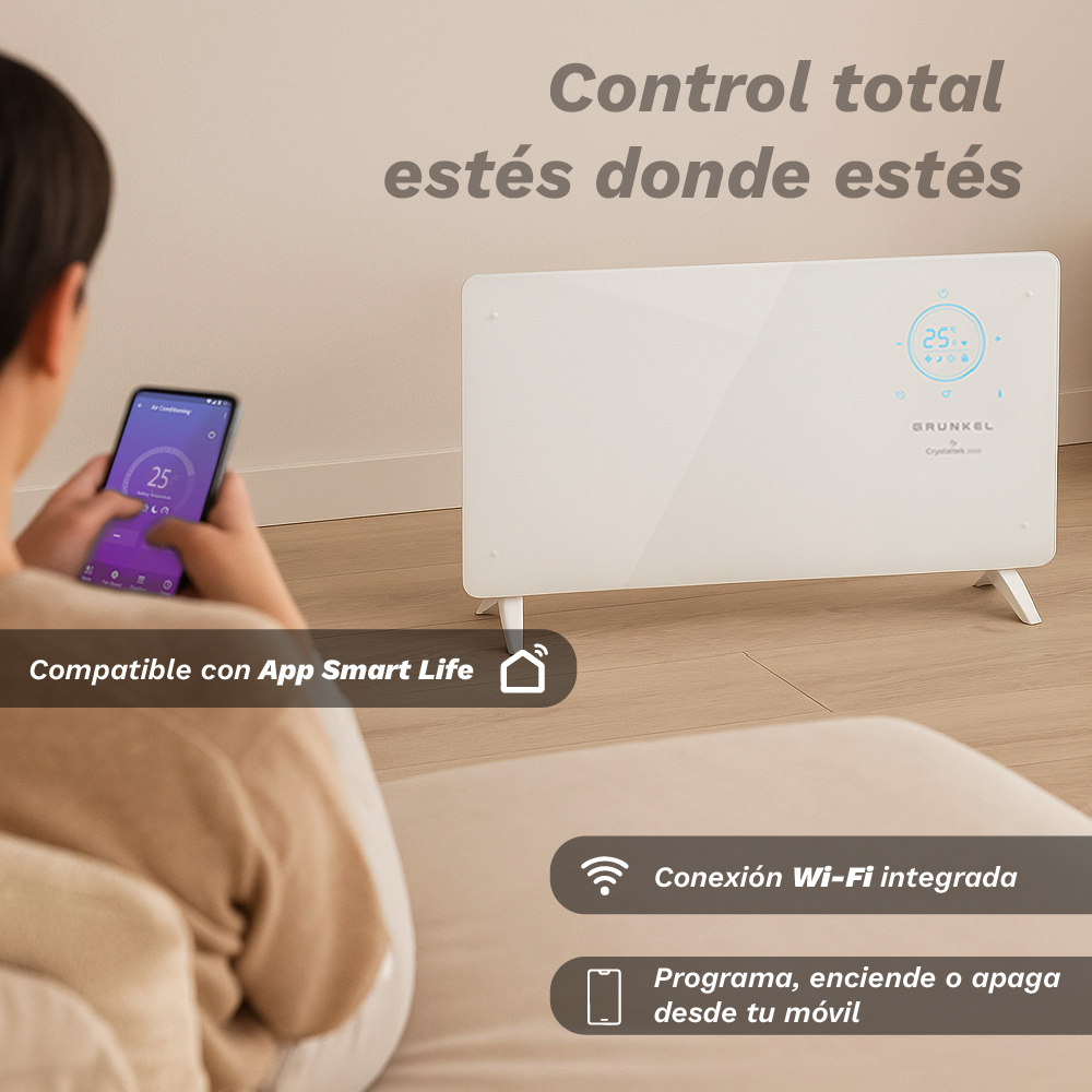 Una persona usa un teléfono para controlar un calentador blanco. El texto dice 'Control total estés donde estés' y 'Smart Life App'.