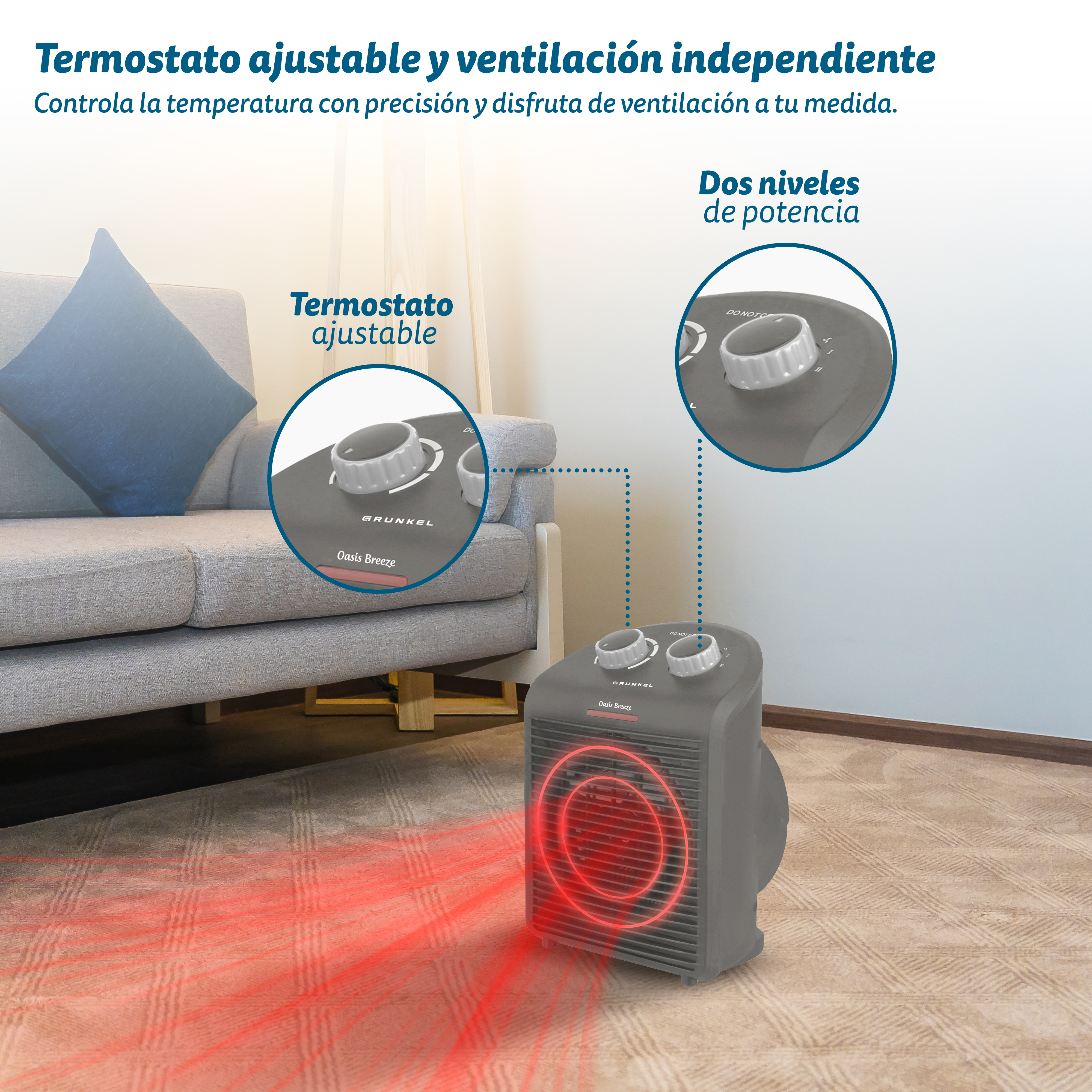 Un calefactor gris con termostato ajustable. Está en una habitación con sofá y alfombra, con luz roja.