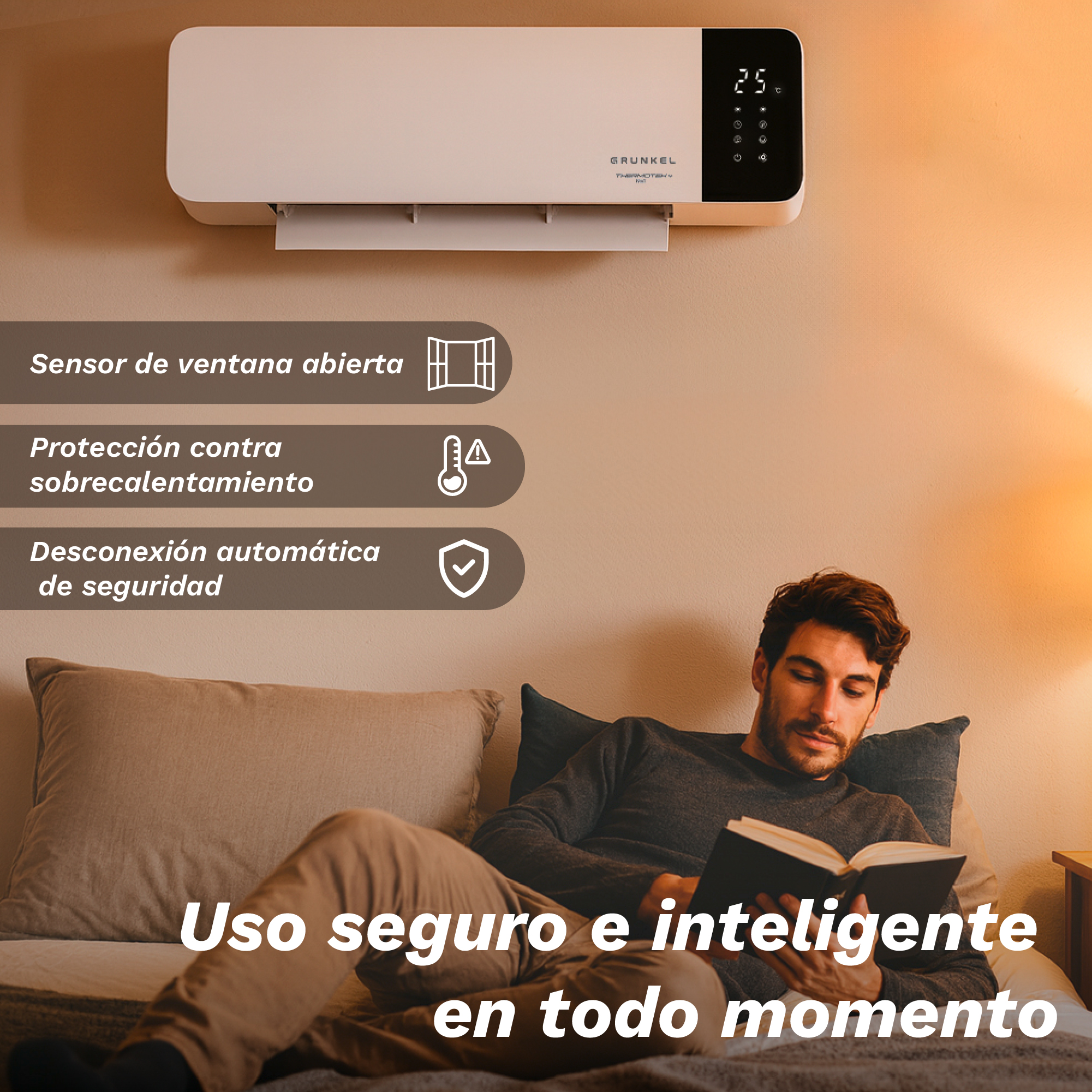 Un hombre lee en la cama. Encima, un calefactor de pared. Texto describe las características de seguridad.