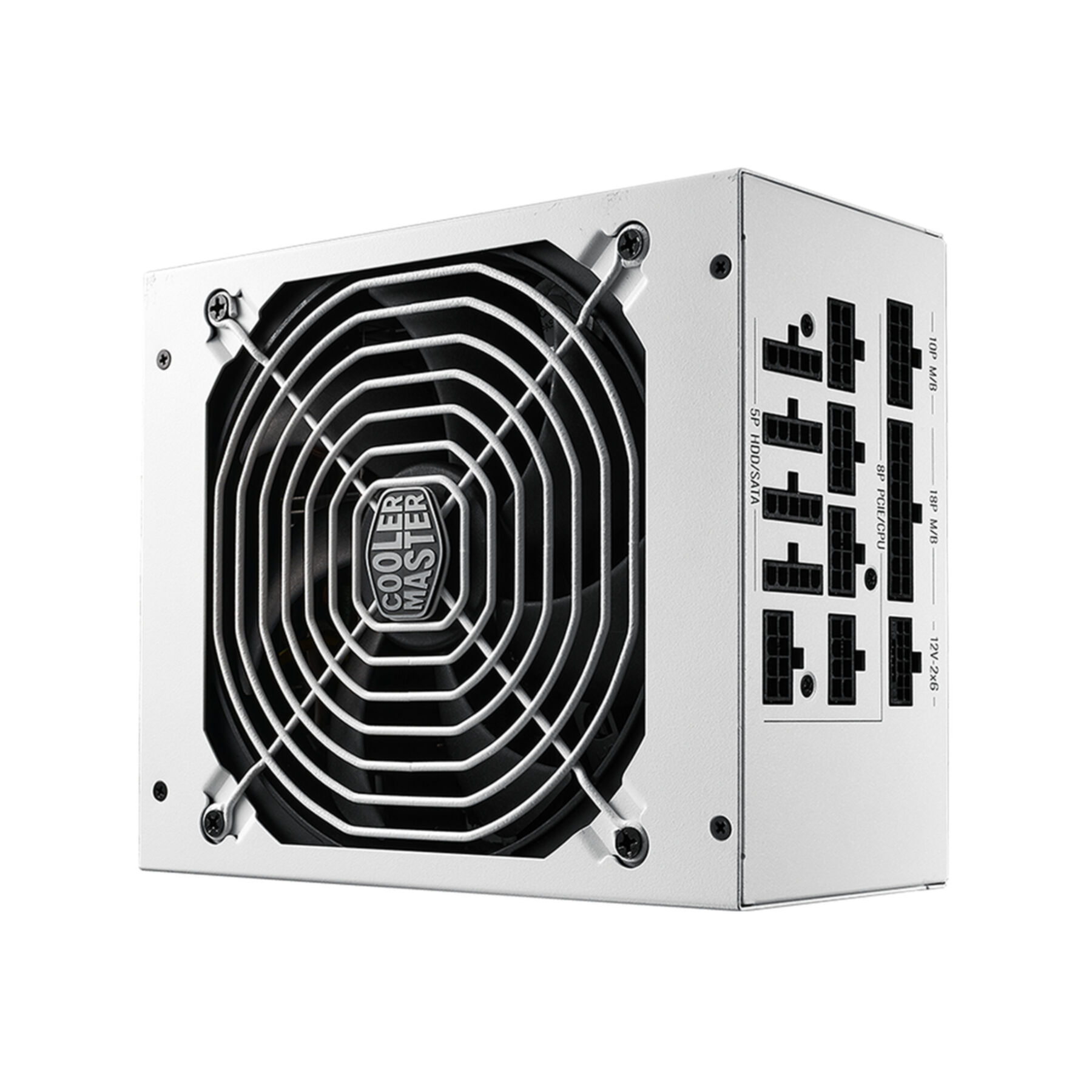 Une alimentation Cooler Master blanche. Elle possède un ventilateur et plusieurs connecteurs.