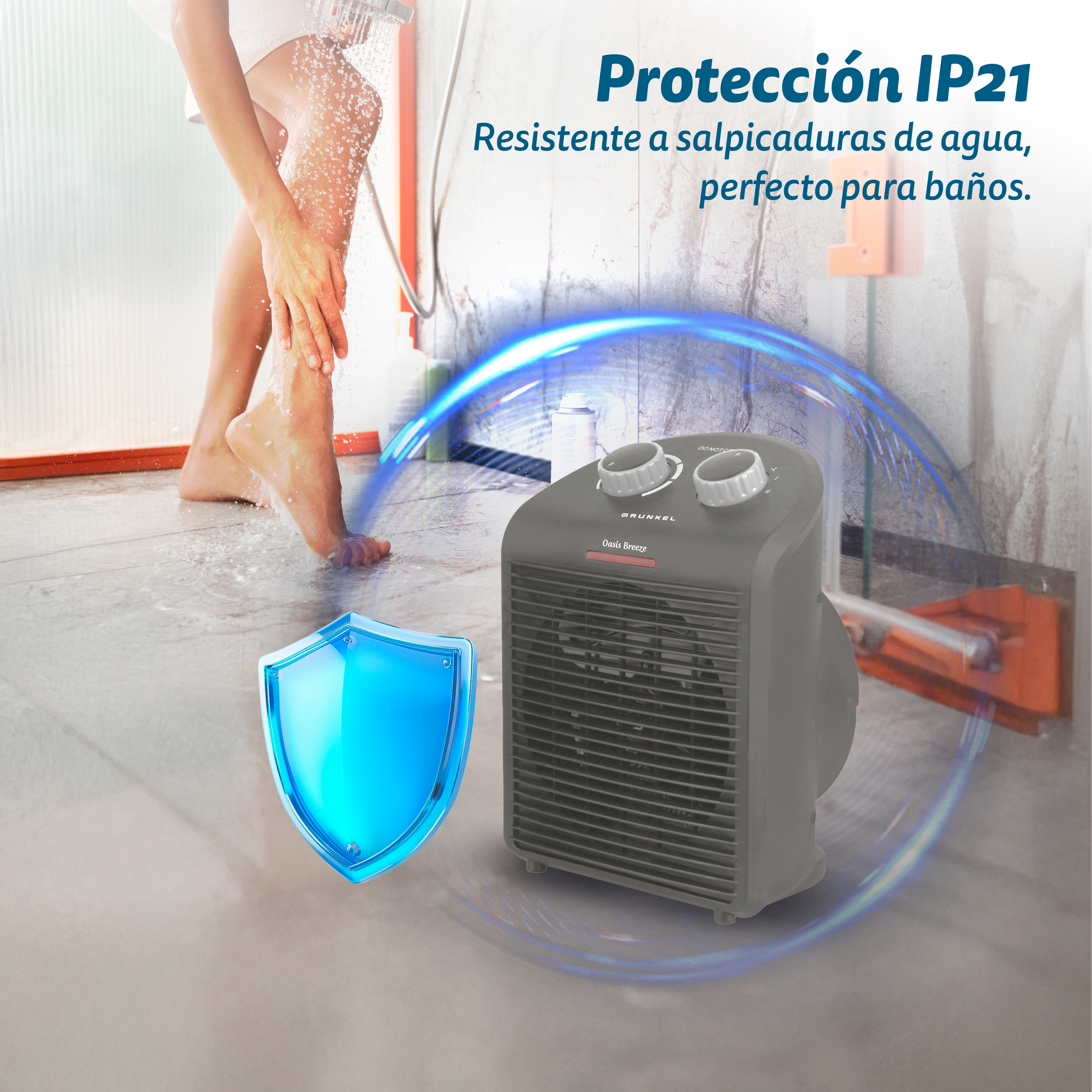 Una persona se está duchando. Hay un calefactor en primer plano, con texto sobre la resistencia al agua. También se ve un escudo azul.