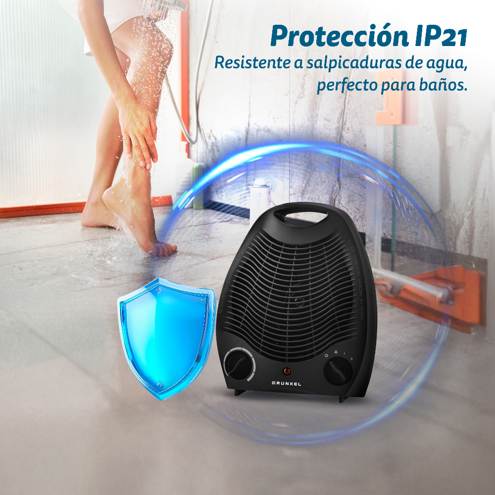 Una persona se ducha, el agua salpica sus piernas. Un calefactor negro está en el suelo. Un escudo azul está en primer plano.
