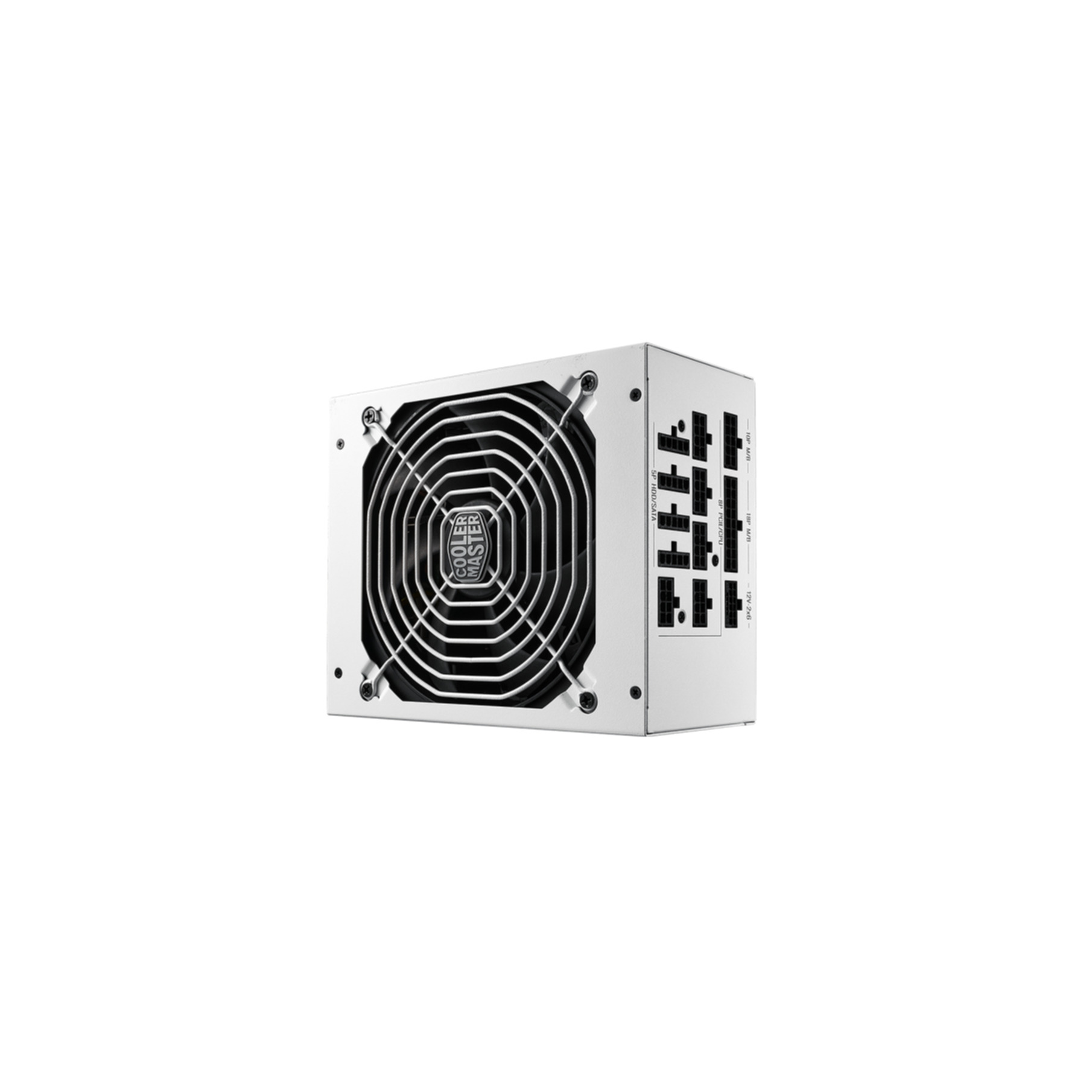 Une alimentation d'ordinateur blanche avec un ventilateur et plusieurs connecteurs, de marque 'Cooler Master'.