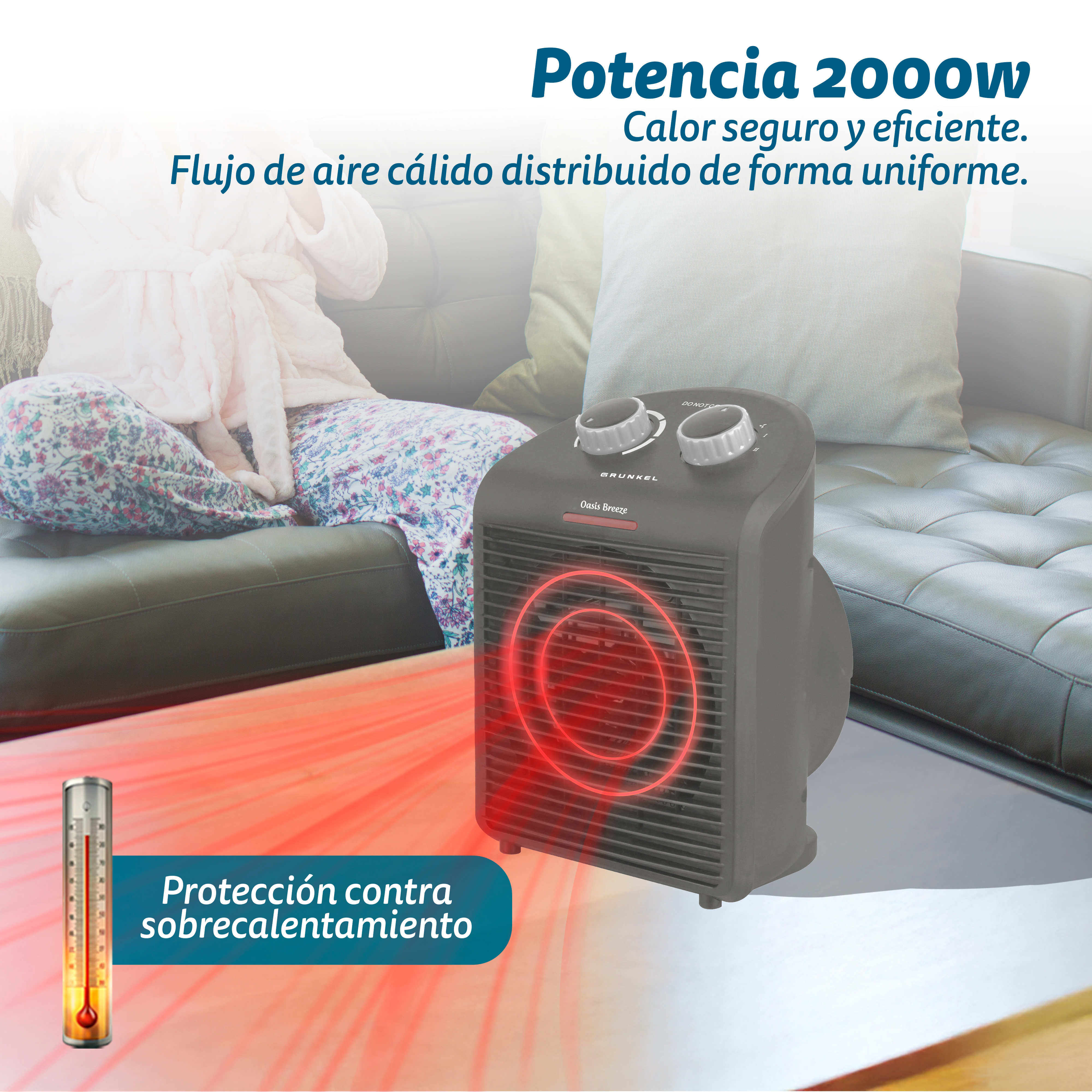 Un calefactor con ondas de calor rojo-naranja está sobre una mesa. Una mujer está en el fondo, un termómetro está a la izquierda.
