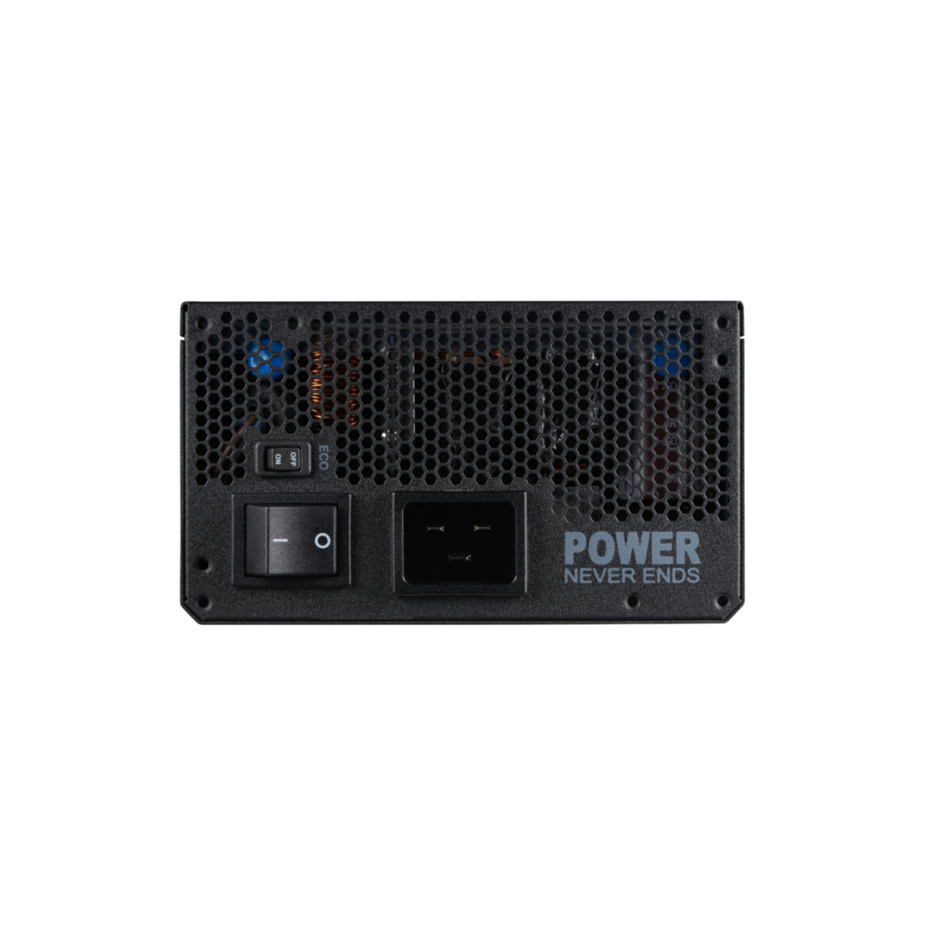 Een zwarte computer voeding met een aan/uit schakelaar, een ECO schakelaar en de woorden POWER NEVER ENDS.