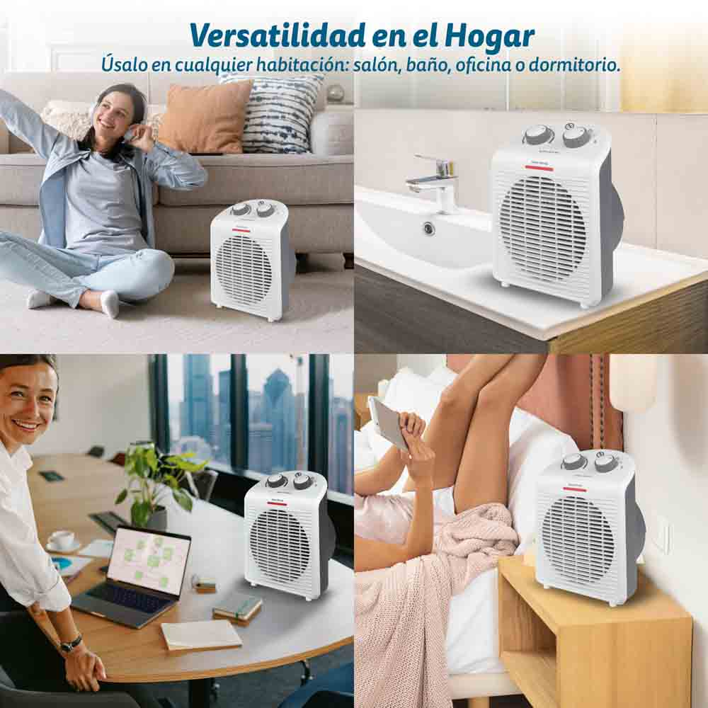 La imagen muestra un calefactor en múltiples entornos: sala de estar, baño, oficina y dormitorio, destacando su versatilidad.