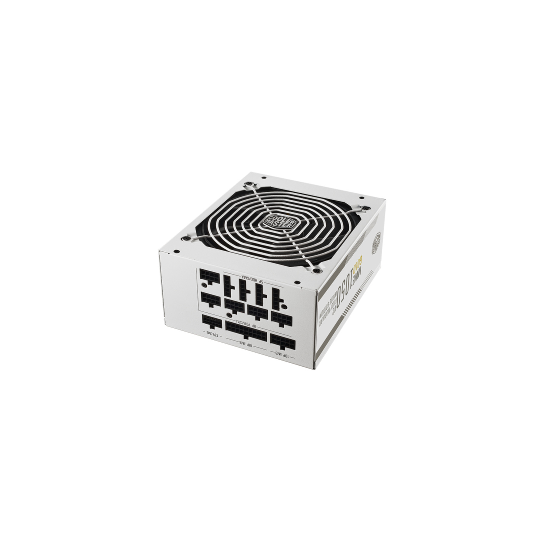Une alimentation Cooler Master blanche, avec un ventilateur noir et plusieurs ports de connexion. Le fond est blanc.