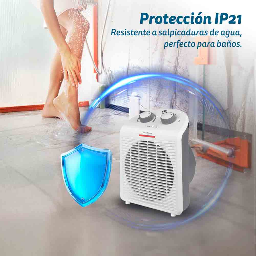 Una persona se ducha. Un calefactor blanco a la derecha. Un escudo azul a la izquierda. Texto: protección IP21 para baños.