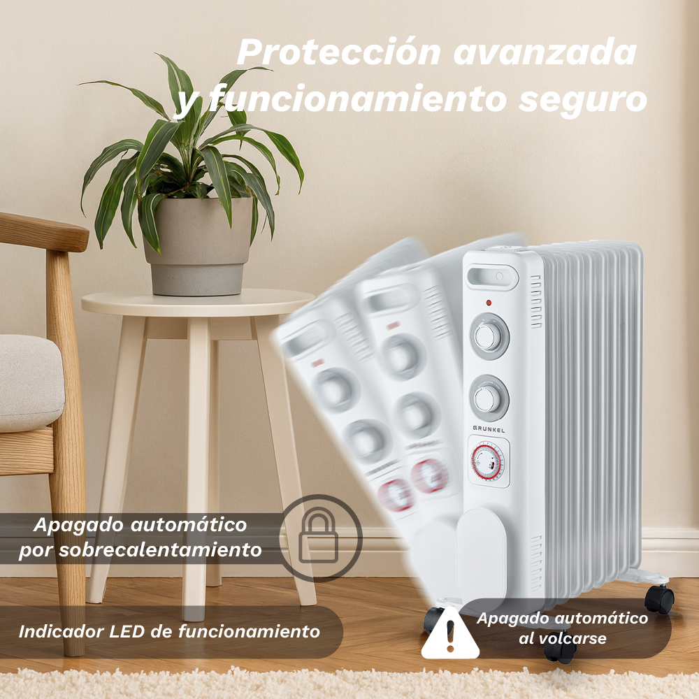 Un calentador de aceite blanco con texto en español. Una planta sobre una mesa pequeña. Texto resalta características de seguridad.