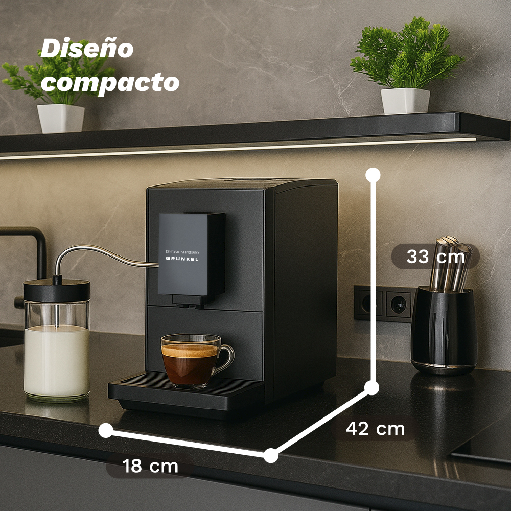 Una máquina de espresso negra con una taza de café está en una encimera. Leche en un vaso, un portautensilios y plantas también están presentes.