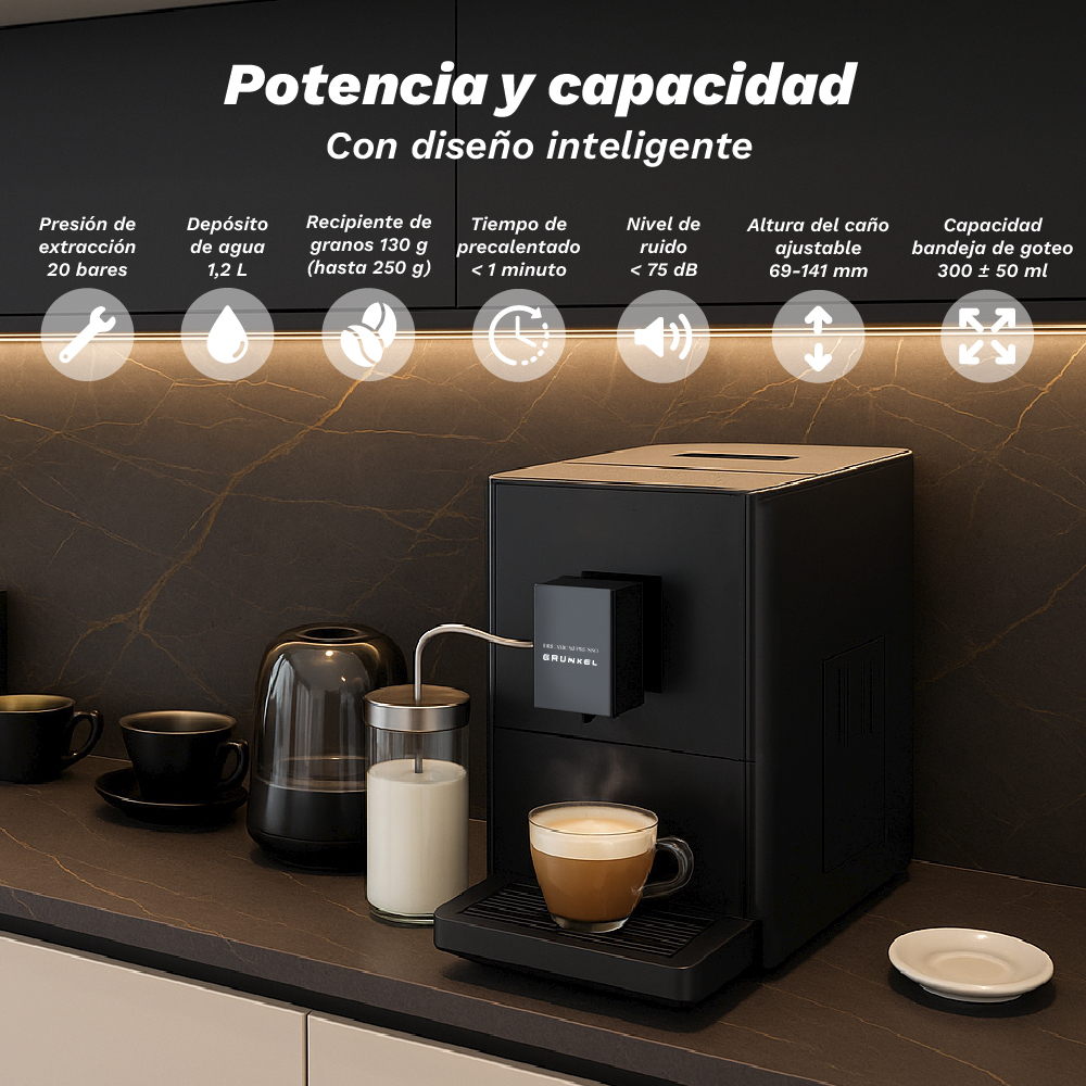 Una cafetera negra con una taza de café. El recipiente de leche y las tazas están en la encimera. Especificaciones técnicas arriba.