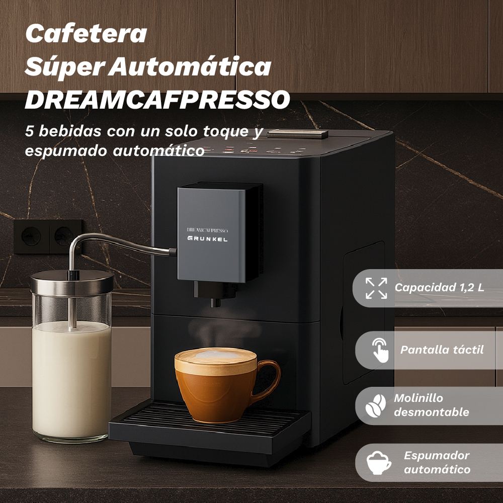 Una cafetera automática negra con una taza de café. Un espumador de leche a la izquierda. Texto arriba: 'DREAMCAFPRESSO'.