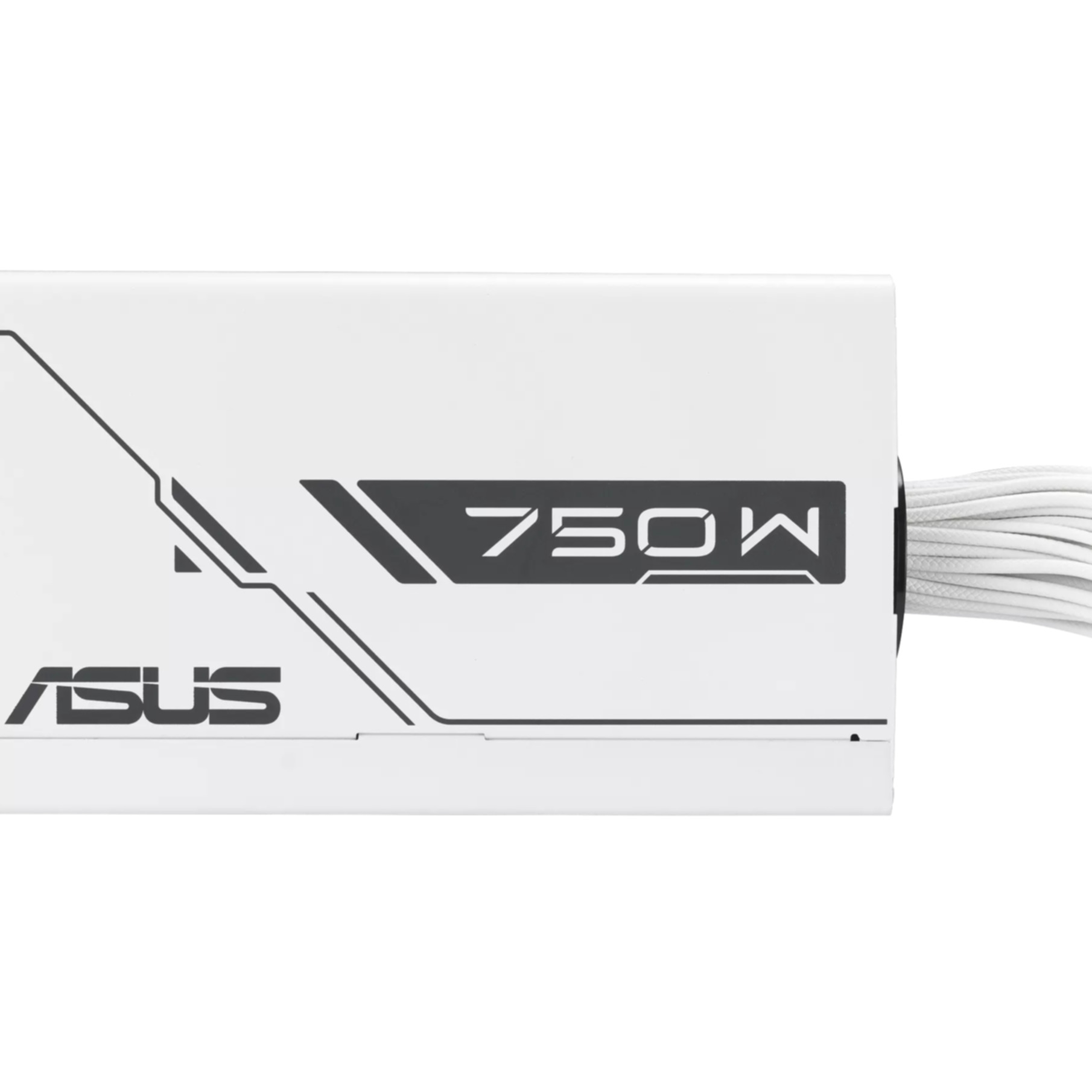 Un alimentatore ASUS bianco con '750W' stampato. I cavi bianchi escono dal lato destro.