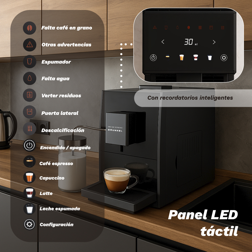 Una cafetera negra con panel LED táctil. Tiene una taza de espresso e iconos para distintos tipos de café.