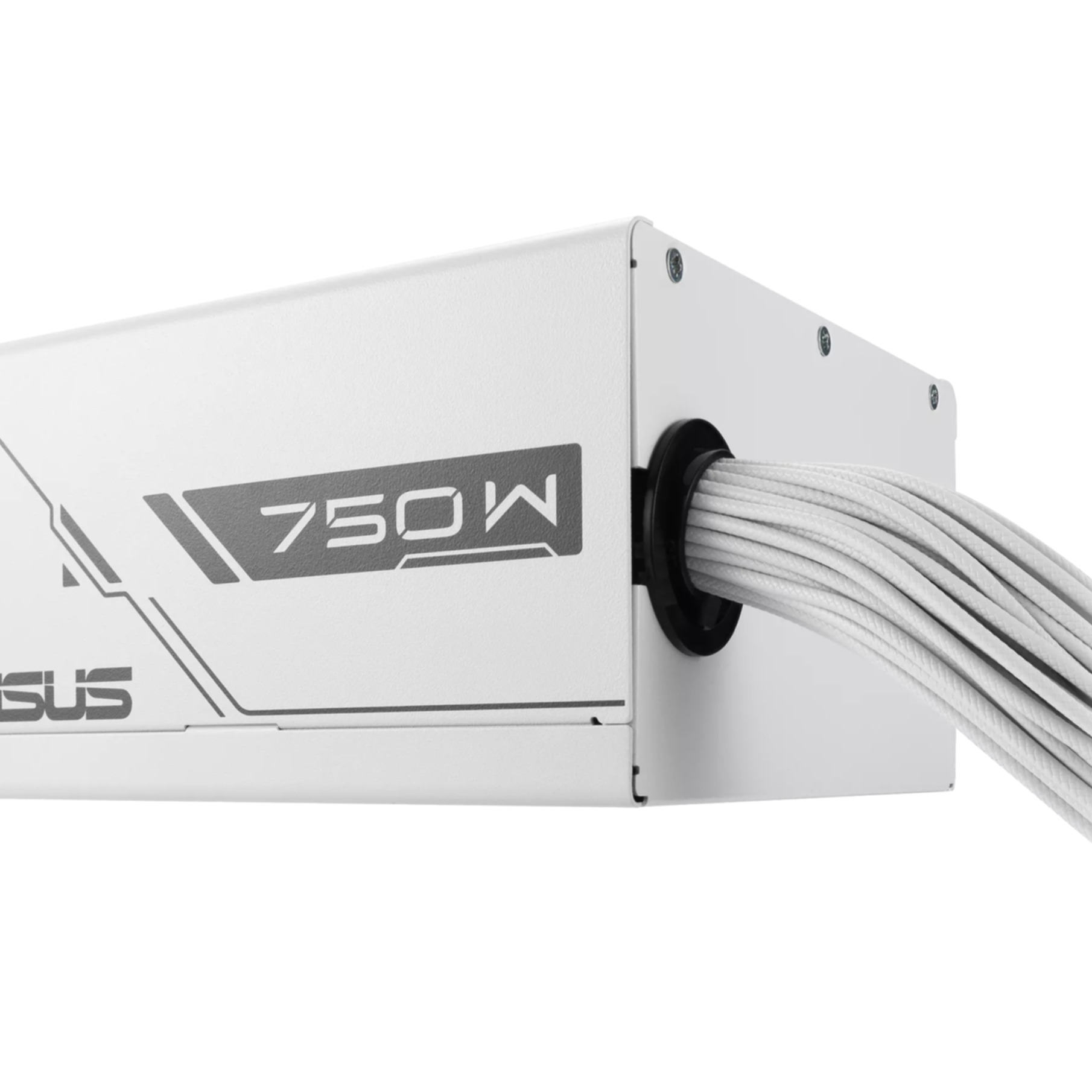 Un alimentatore ASUS 750W bianco con cavi bianchi che si estendono dal lato. Lo sfondo è bianco.