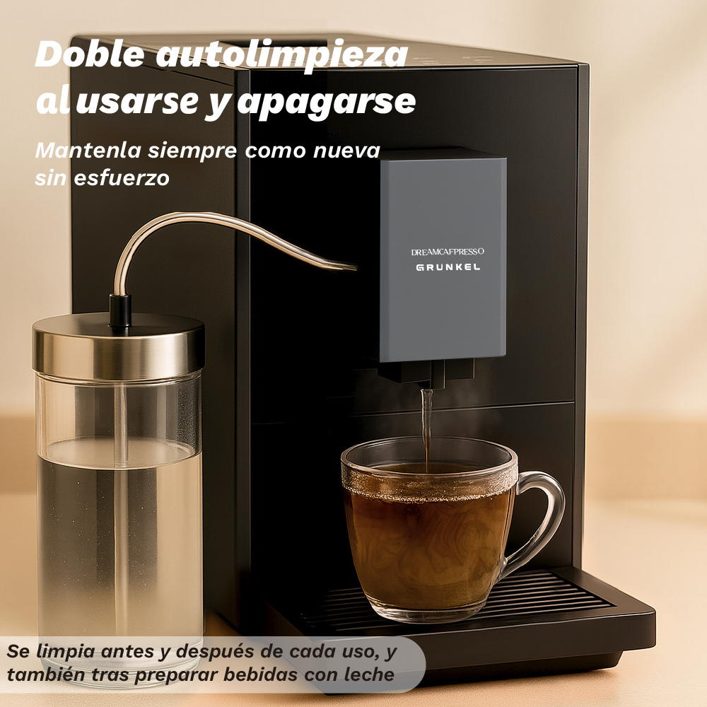 Una máquina de espresso negra con una taza de café. Un recipiente de agua a la izquierda. Texto: Doble autolimpieza.