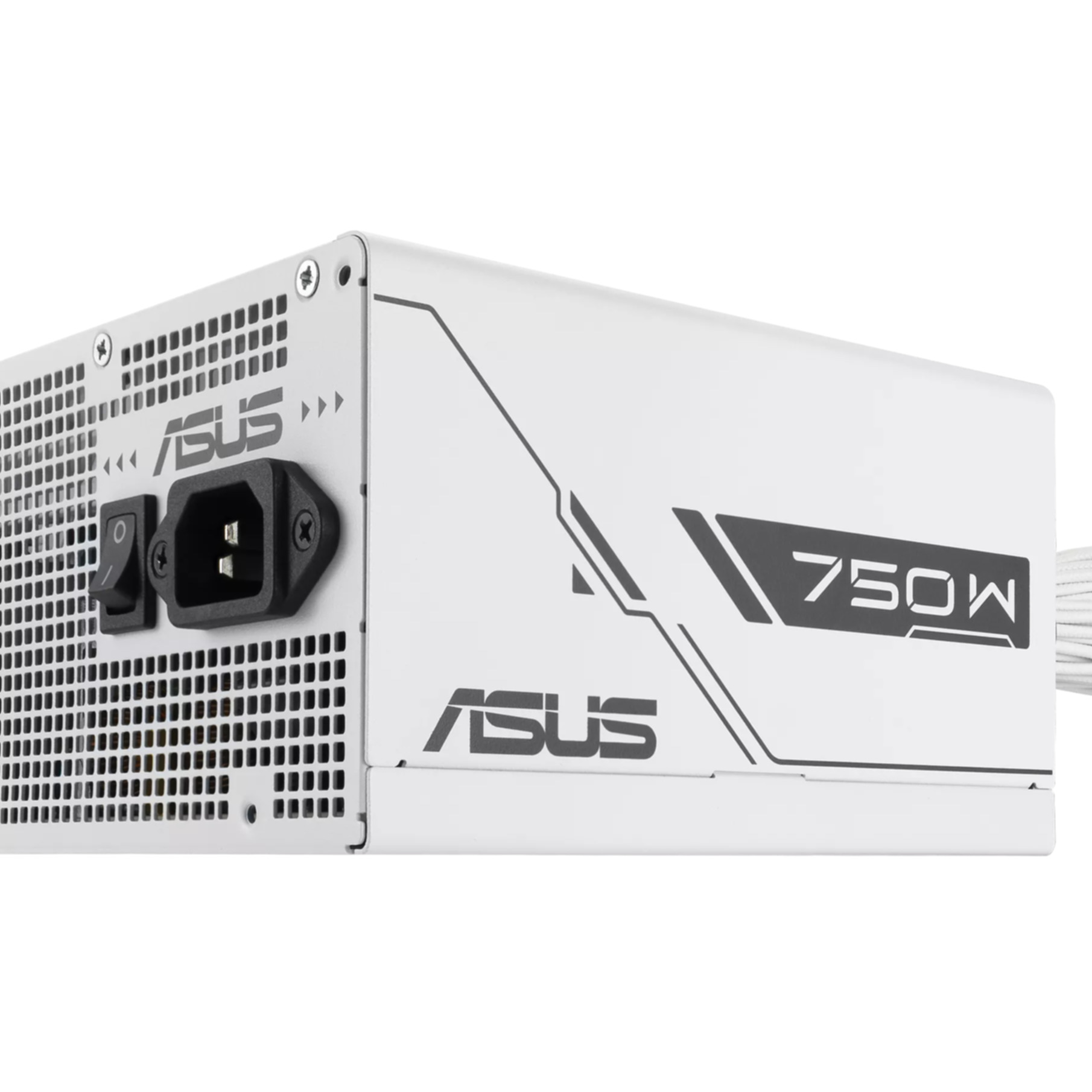 Alimentatore ASUS 750W bianco. Ha un interruttore e un connettore di alimentazione. Logo ASUS visibile.