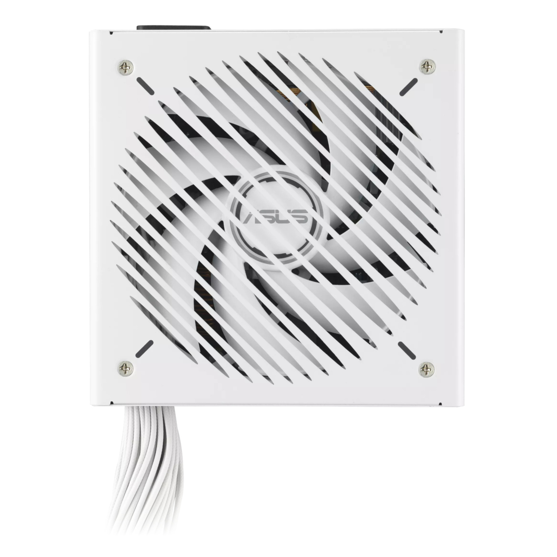 Alimentatore bianco con design a ventola, logo ASUS e cavi. Viti fissano l'involucro.